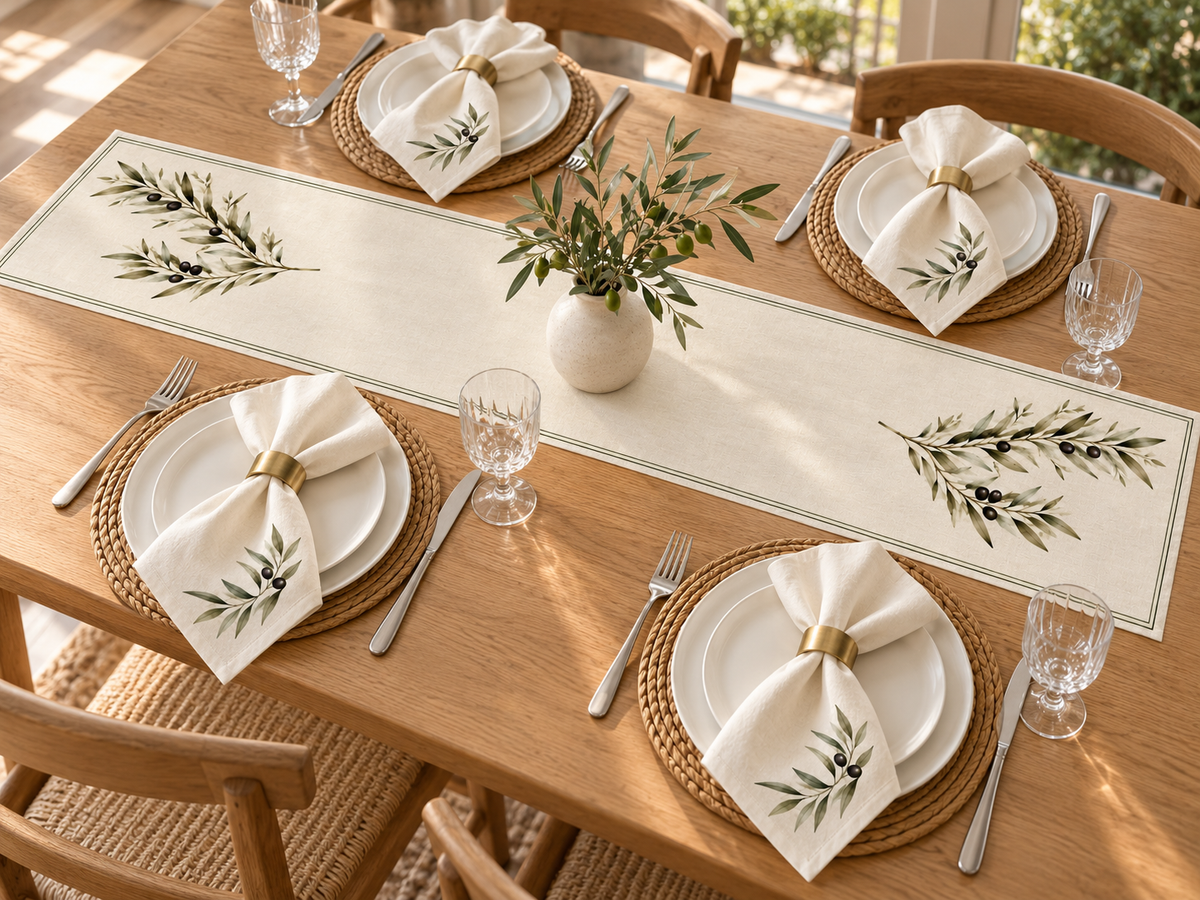 Olive Branch Table Runner, Ivory and Green Botanical Dining Decor, 16 × 72 Inches