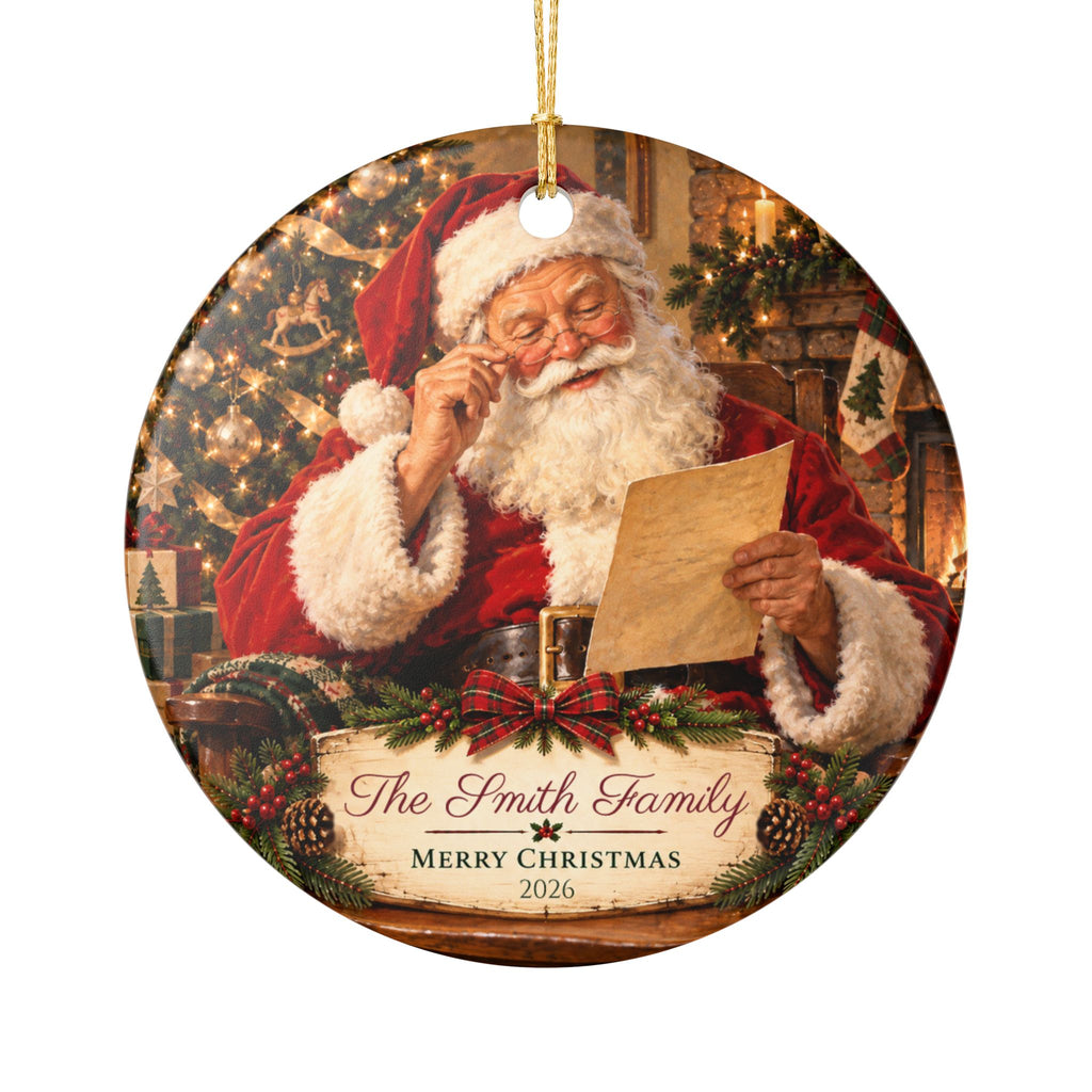 Personalized Family Christmas Ornament, Custom Last Name and Year, Santa Keepsake, Double-Sided Matte Ceramic Ornament