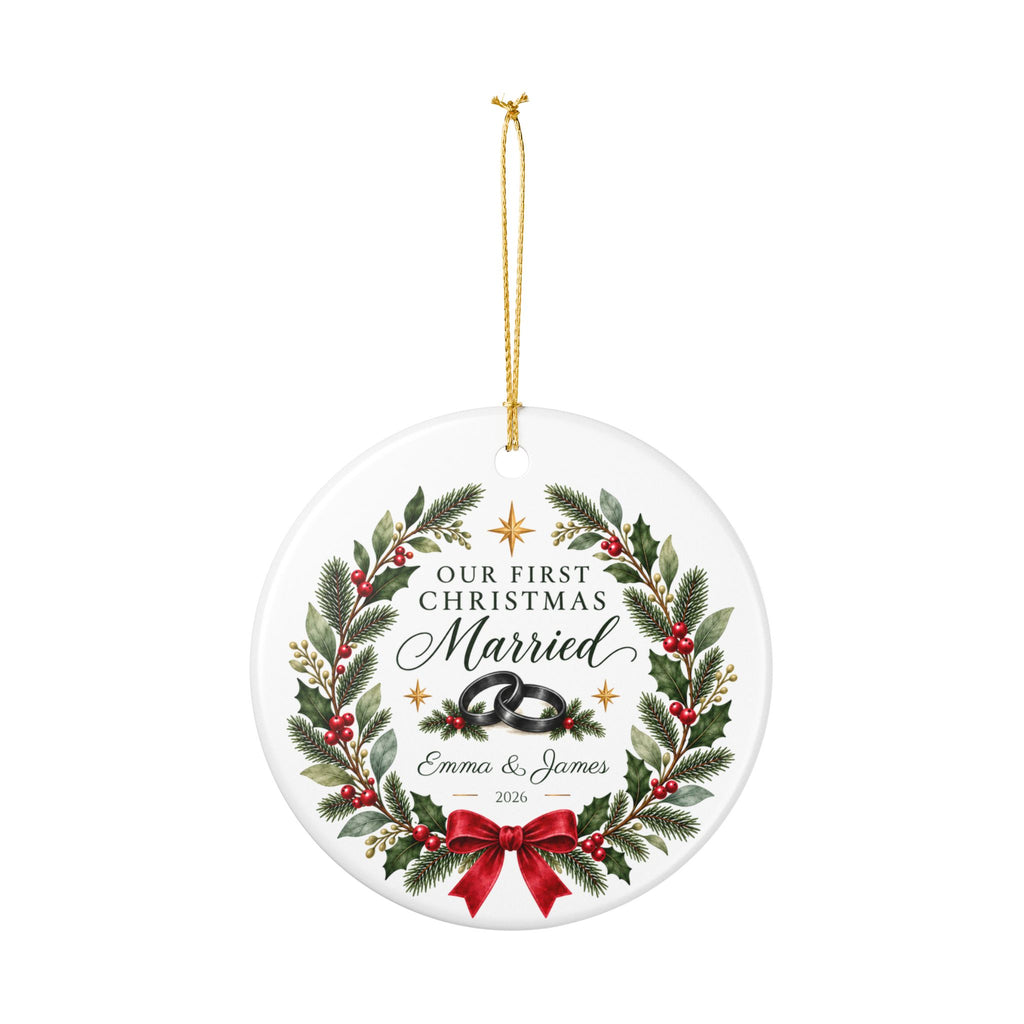 Personalized Our First Christmas Married Ornament, Custom Names & Year, Newlywed Wreath Keepsake, Wedding Gift for Couples