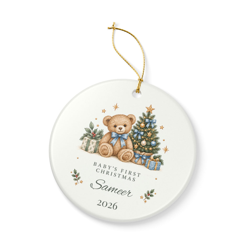 Boy Personalized Baby's First Christmas Ornament, Teddy Bear & Christmas Tree, Custom Name and Year, New Baby Keepsake Gift