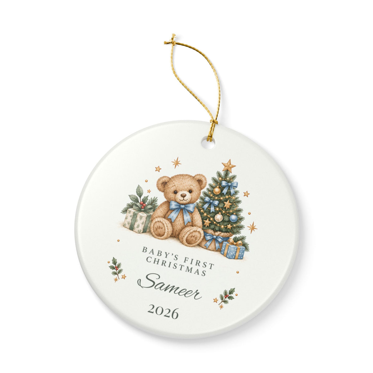 Boy Personalized Baby's First Christmas Ornament, Teddy Bear & Christmas Tree, Custom Name and Year, New Baby Keepsake Gift