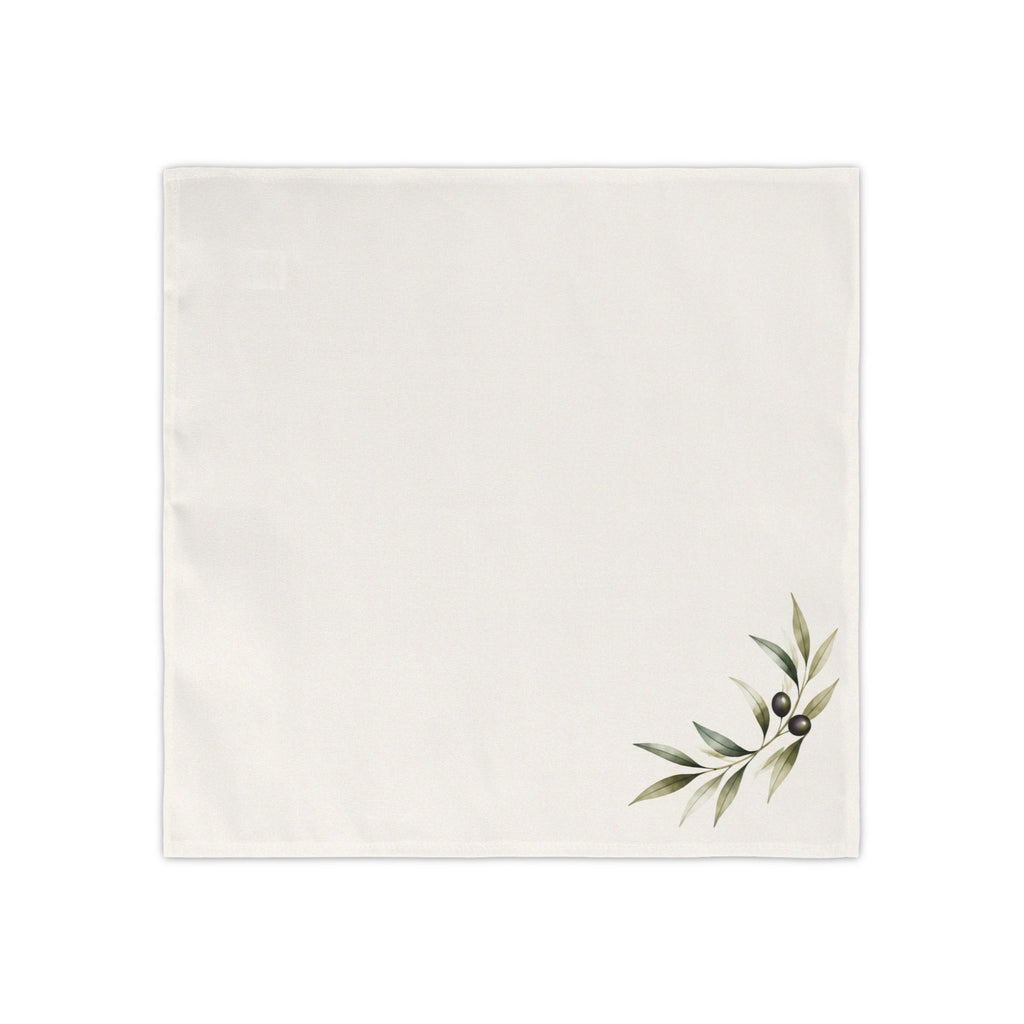 Square ivory napkin design with a watercolor olive sprig, sage green leaves, and two dark olives in the lower-right corner.