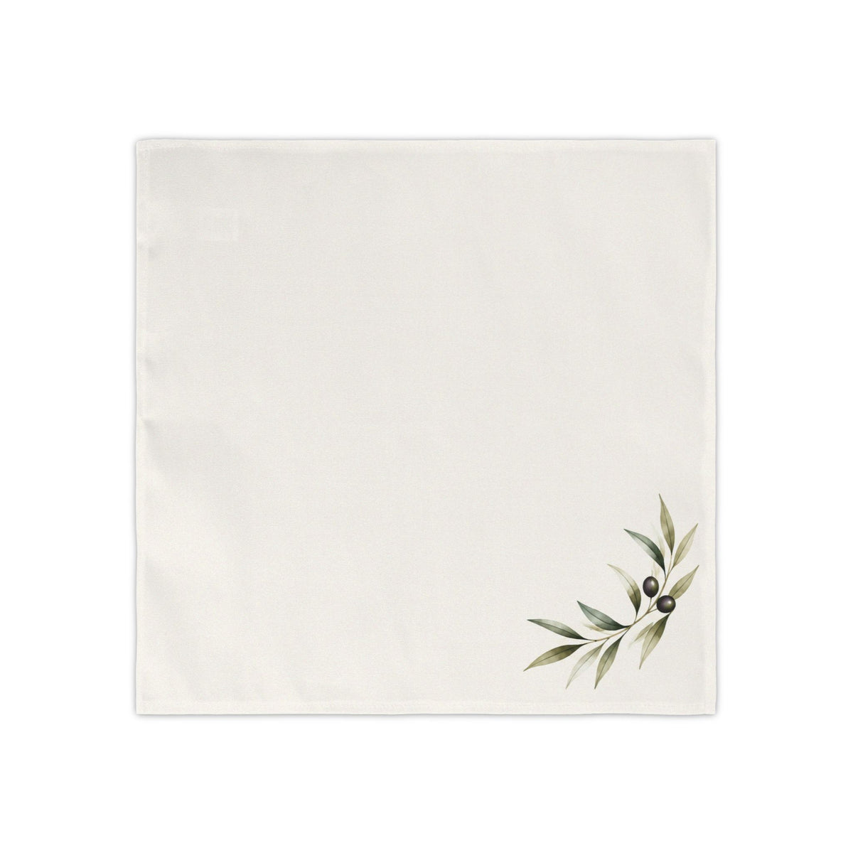 Square ivory napkin design with a watercolor olive sprig, sage green leaves, and two dark olives in the lower-right corner.