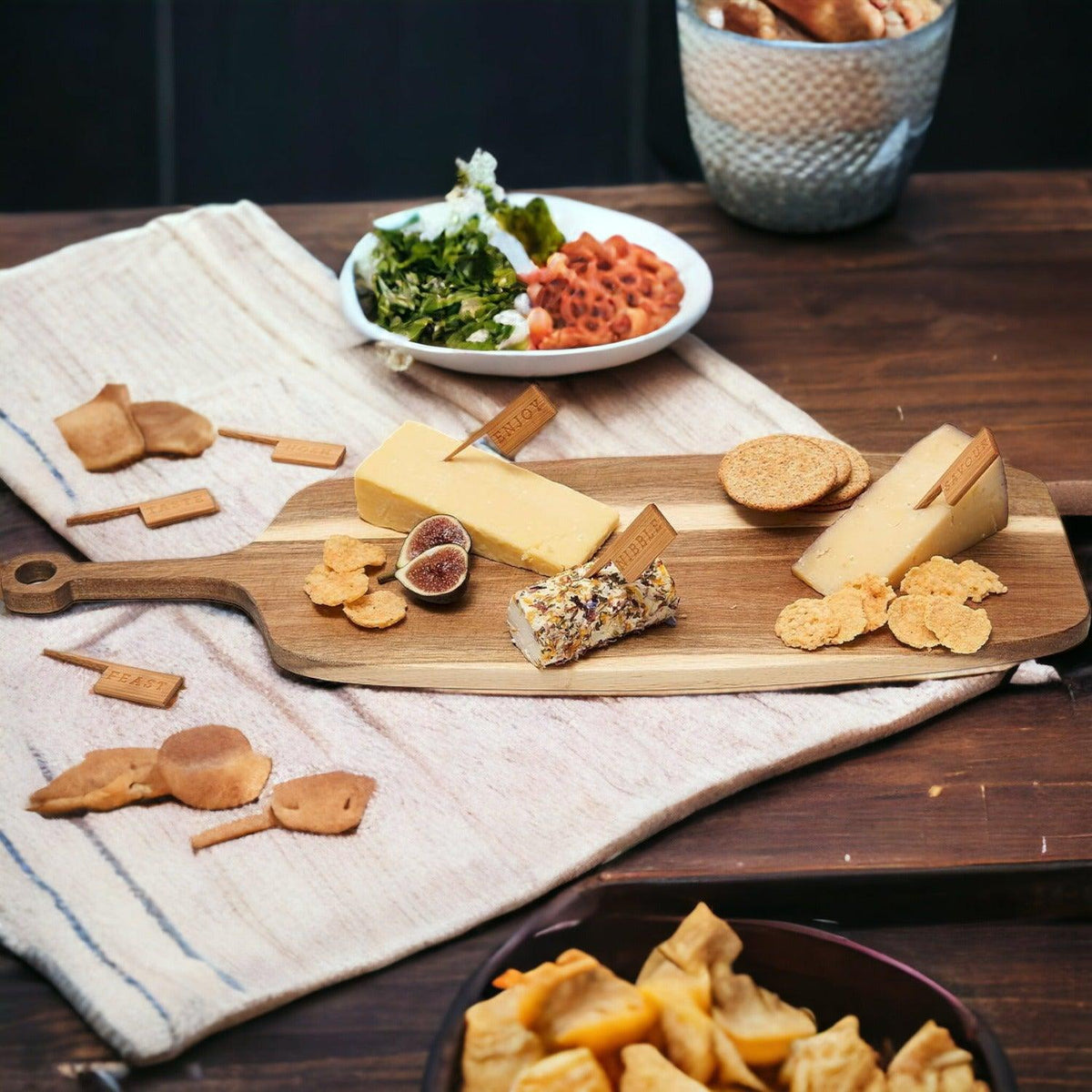 Acacia Serving Board with Six Bamboo Cheese Markers