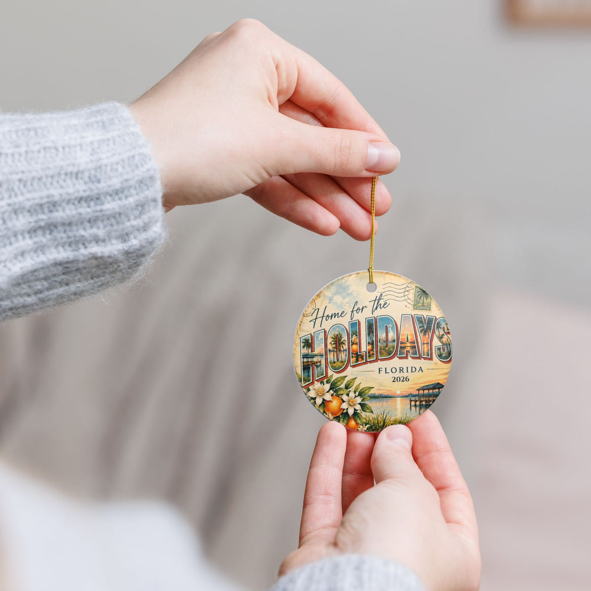 Personalized Home for the Holidays Florida Christmas Ornament, Custom Year, Vintage Postcard Keepsake by Family Folklore™