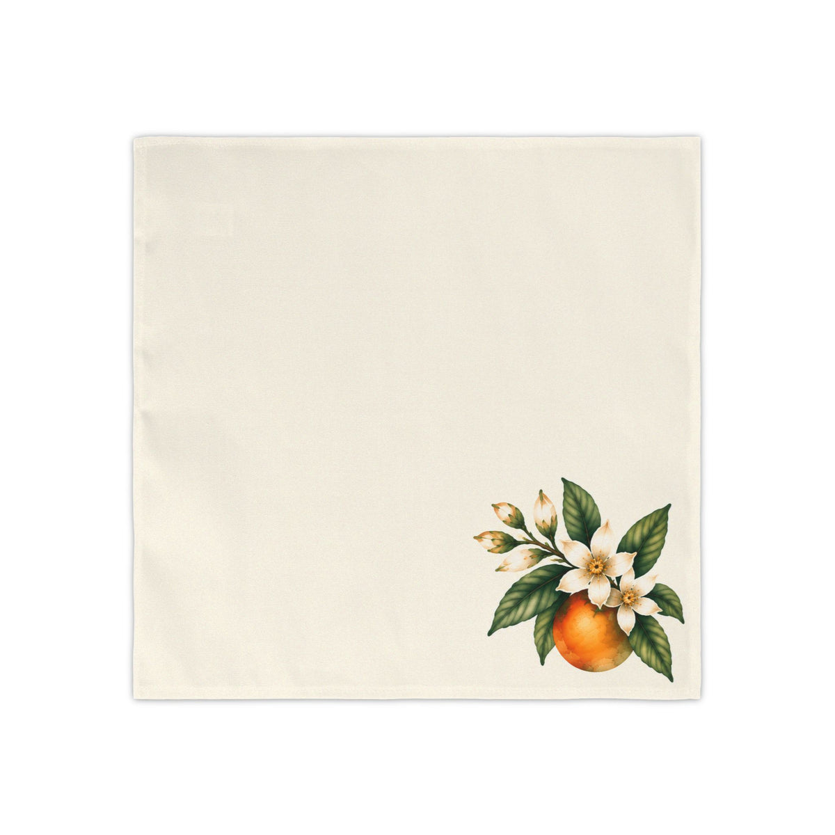 Square ivory napkin with a watercolor orange, ivory blossoms, and green leaves in the lower-right corner.