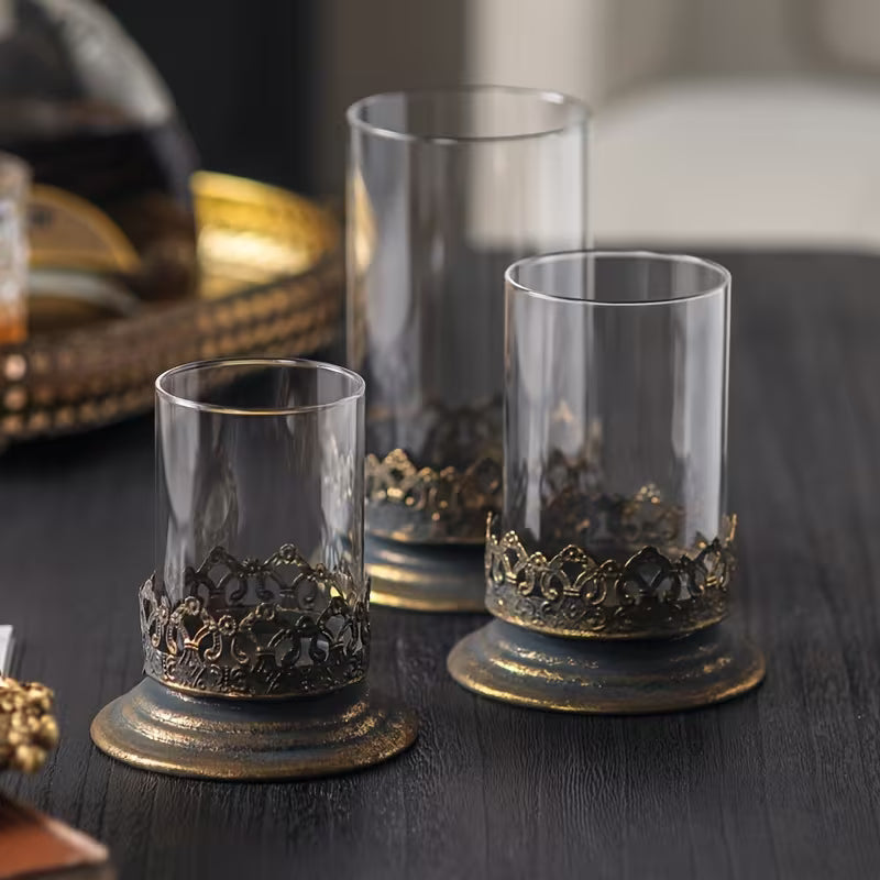 Antique Gold Glass Hurricane Candle Holders — Set of 3