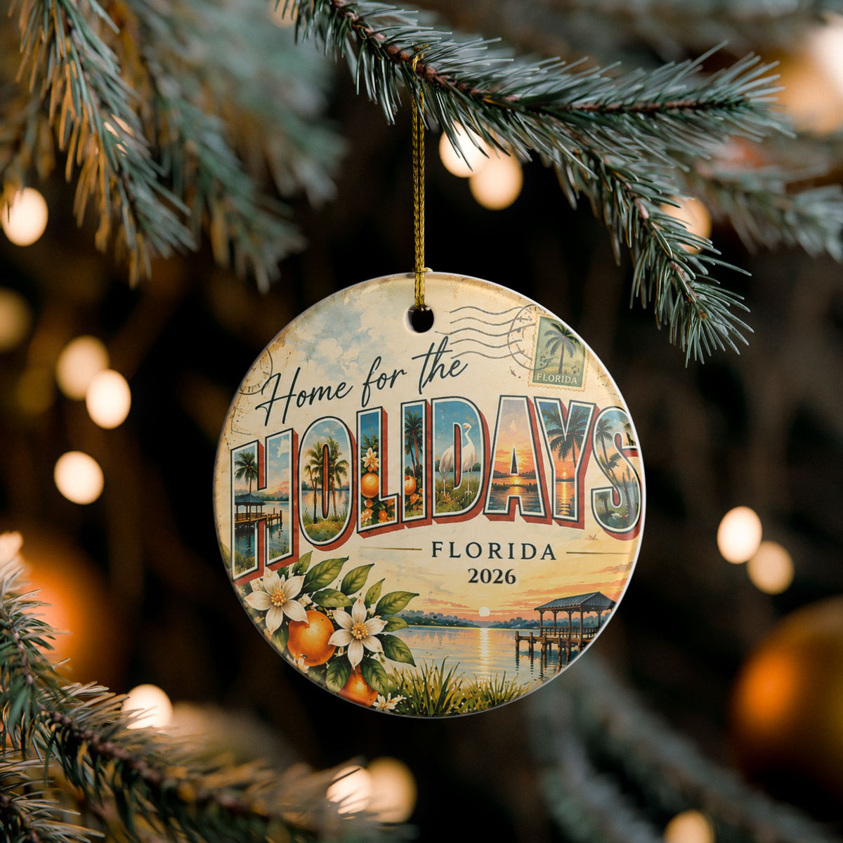 Personalized Home for the Holidays Florida Christmas Ornament, Custom Year, Vintage Postcard Keepsake by Family Folklore™