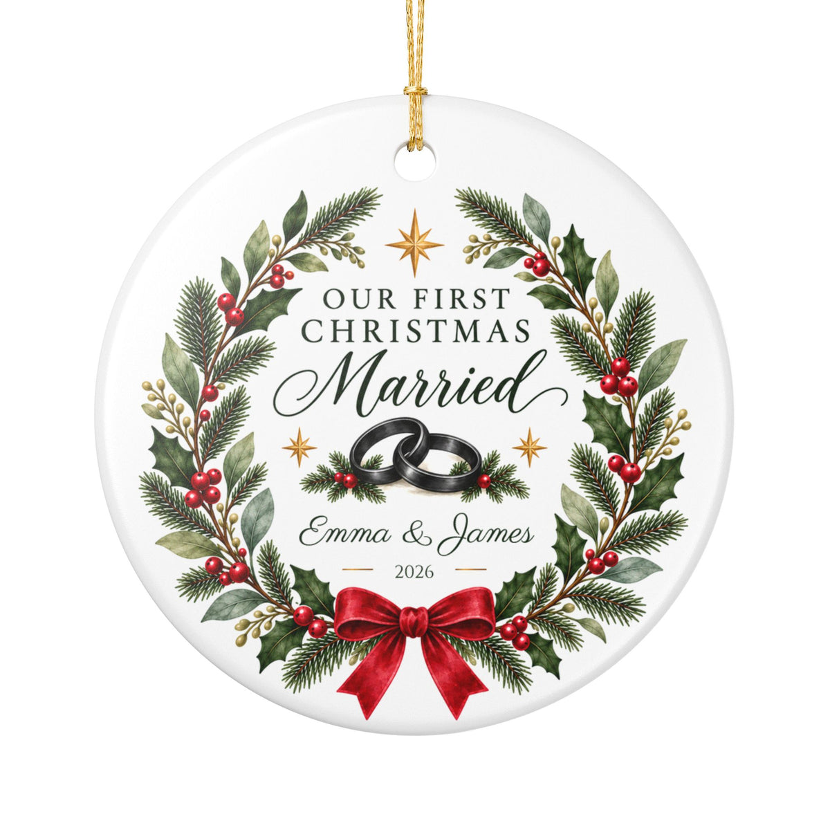 Personalized Our First Christmas Married Ornament, Custom Names & Year, Newlywed Wreath Keepsake, Wedding Gift for Couples