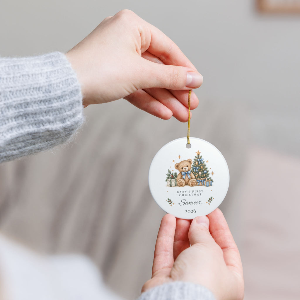 Boy Personalized Baby's First Christmas Ornament, Teddy Bear & Christmas Tree, Custom Name and Year, New Baby Keepsake Gift
