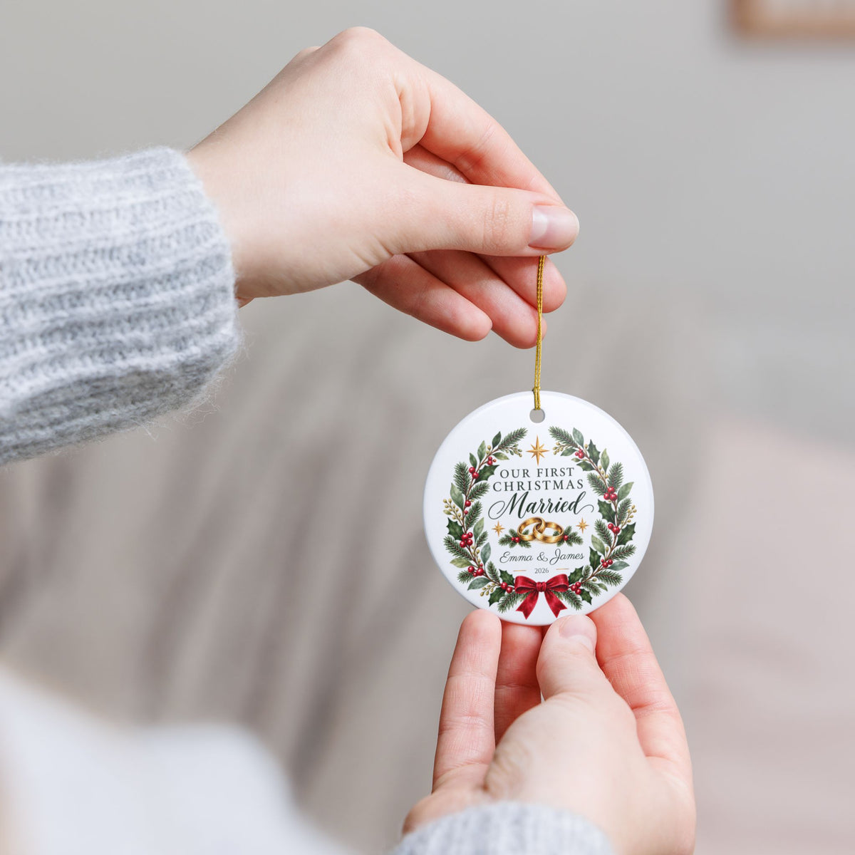 Personalized Our First Christmas Married Ornament — Gold, Silver or Black