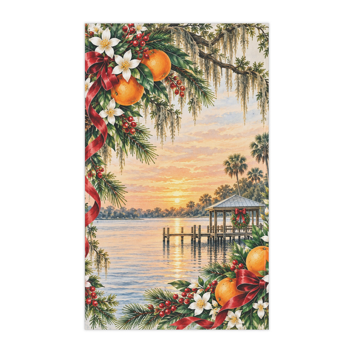Old Florida Christmas Tea Towel, Vintage Watercolor Citrus & Lakeside Holiday Kitchen Decor