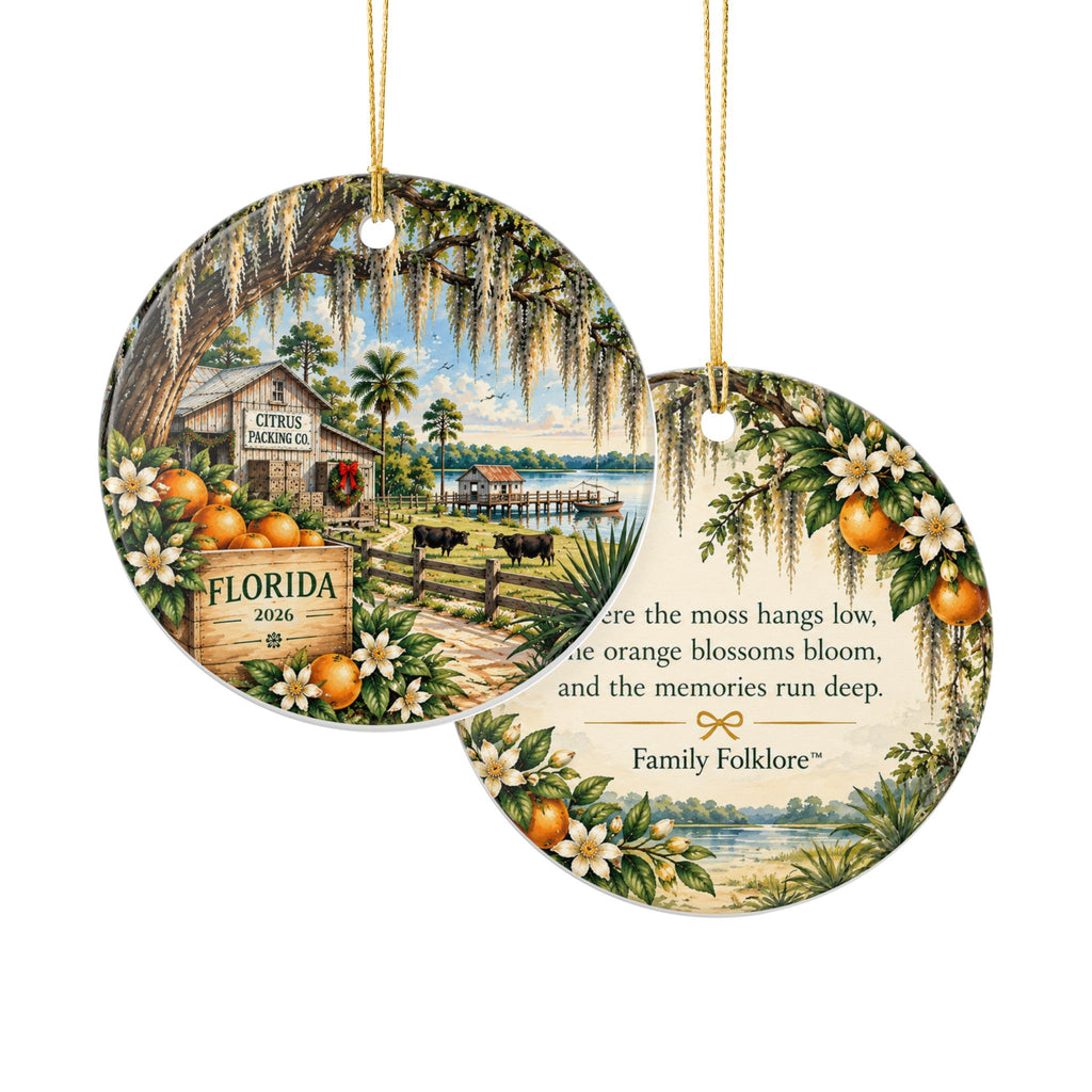Personalized Old Florida Citrus Christmas Ornament, Custom Year, Orange Grove & Spanish Moss Keepsake by Family Folklore™