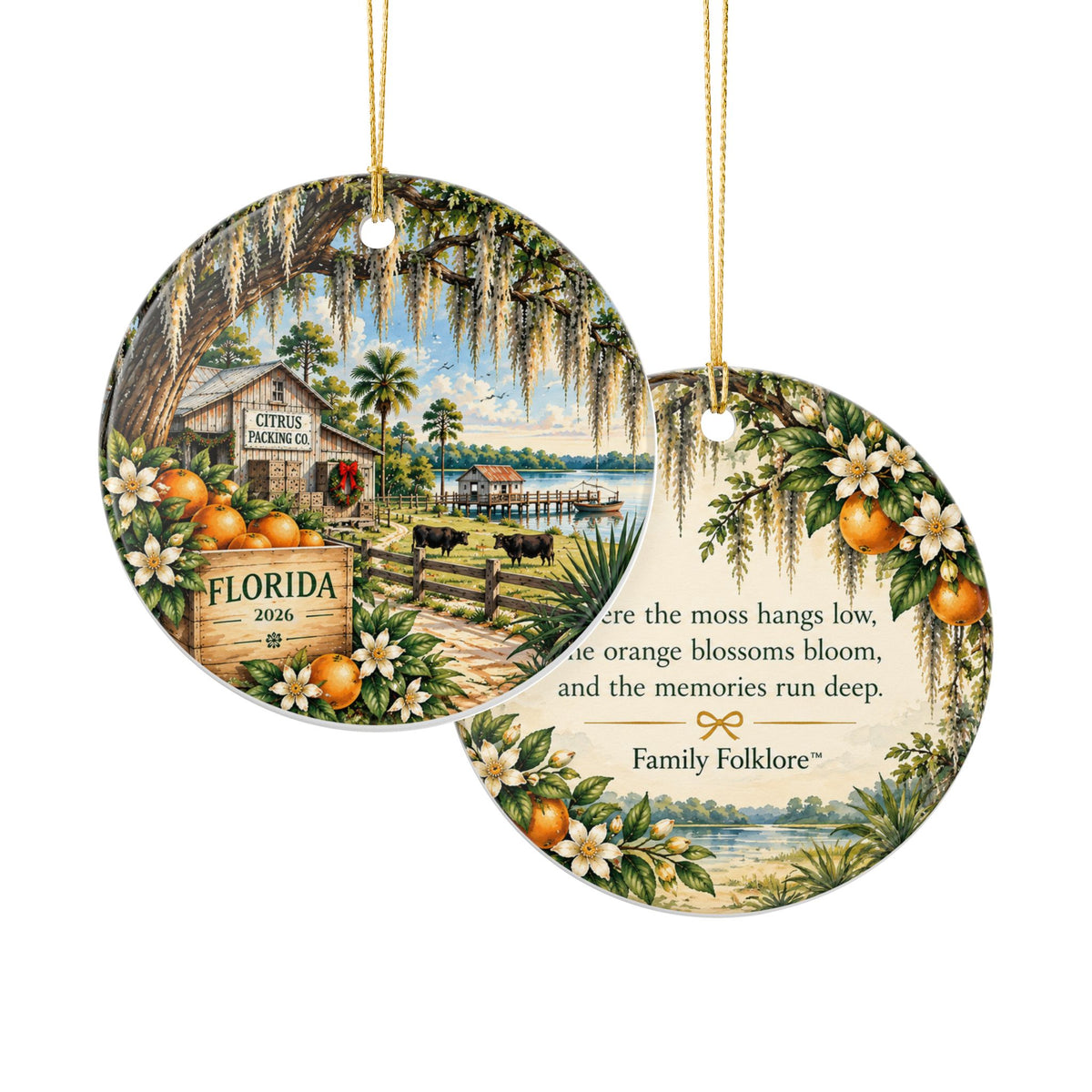 Personalized Old Florida Citrus Christmas Ornament, Custom Year, Orange Grove & Spanish Moss Keepsake by Family Folklore™