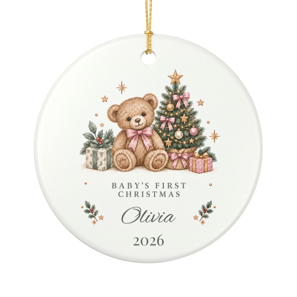 Personalized Baby Girl’s First Christmas Ornament — Pink Teddy Bear