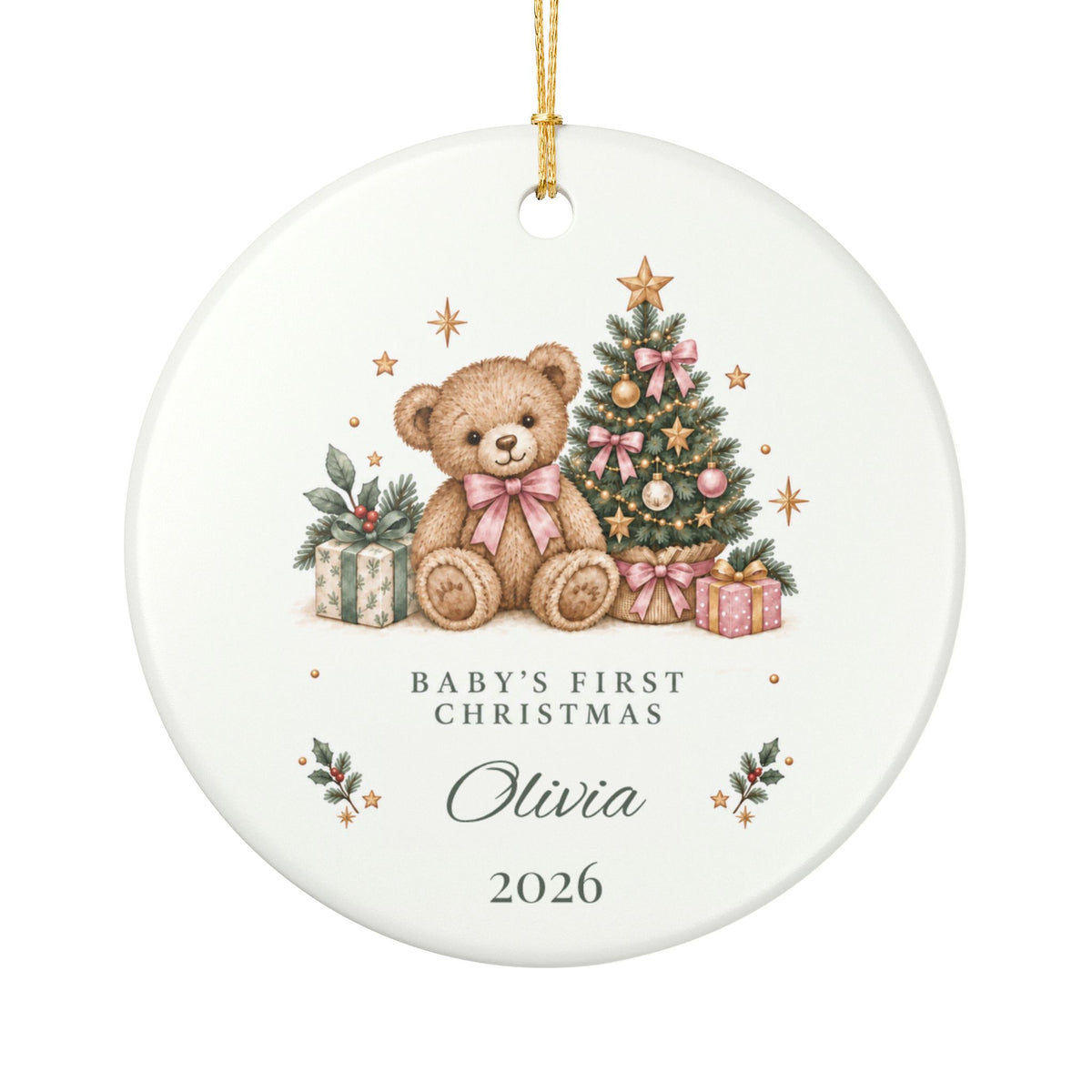 Personalized Baby Girl’s First Christmas Ornament — Pink Teddy Bear
