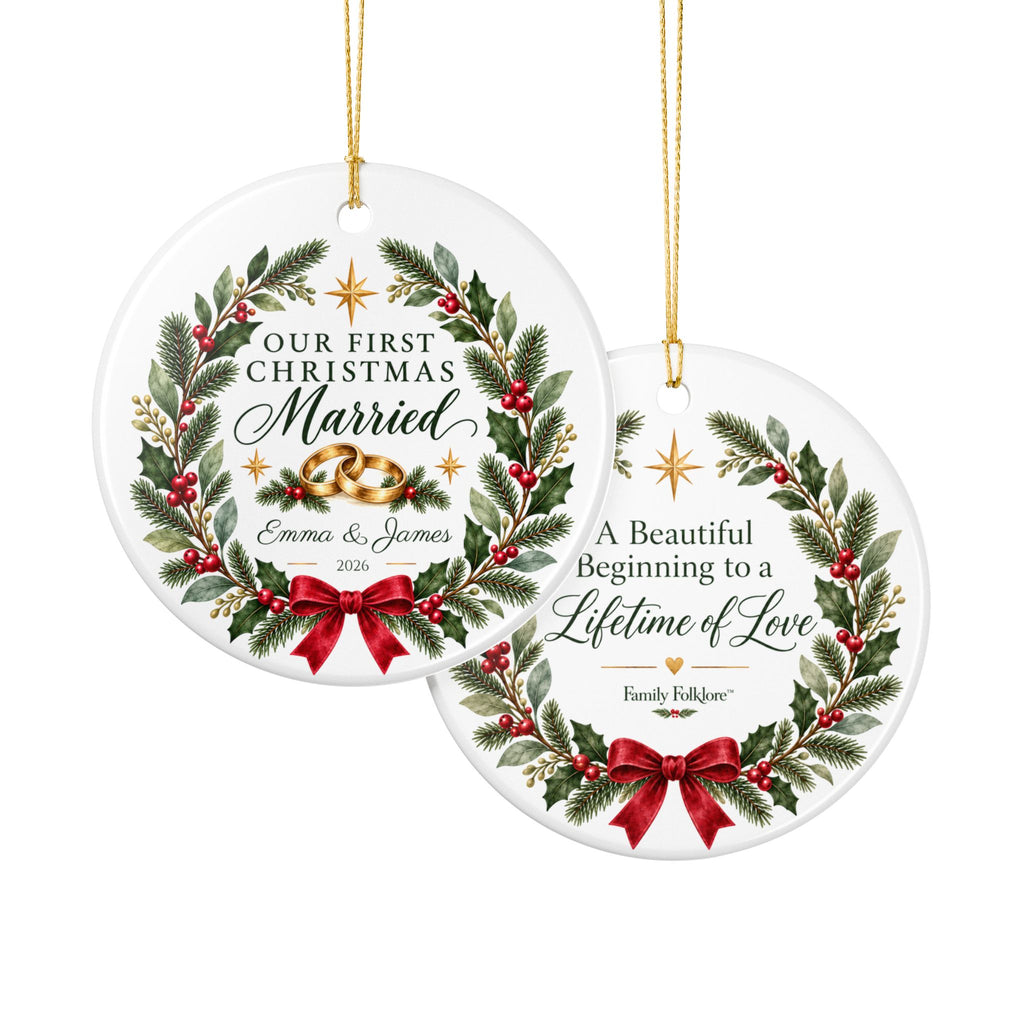 Personalized Our First Christmas Married Ornament — Gold, Silver or Black