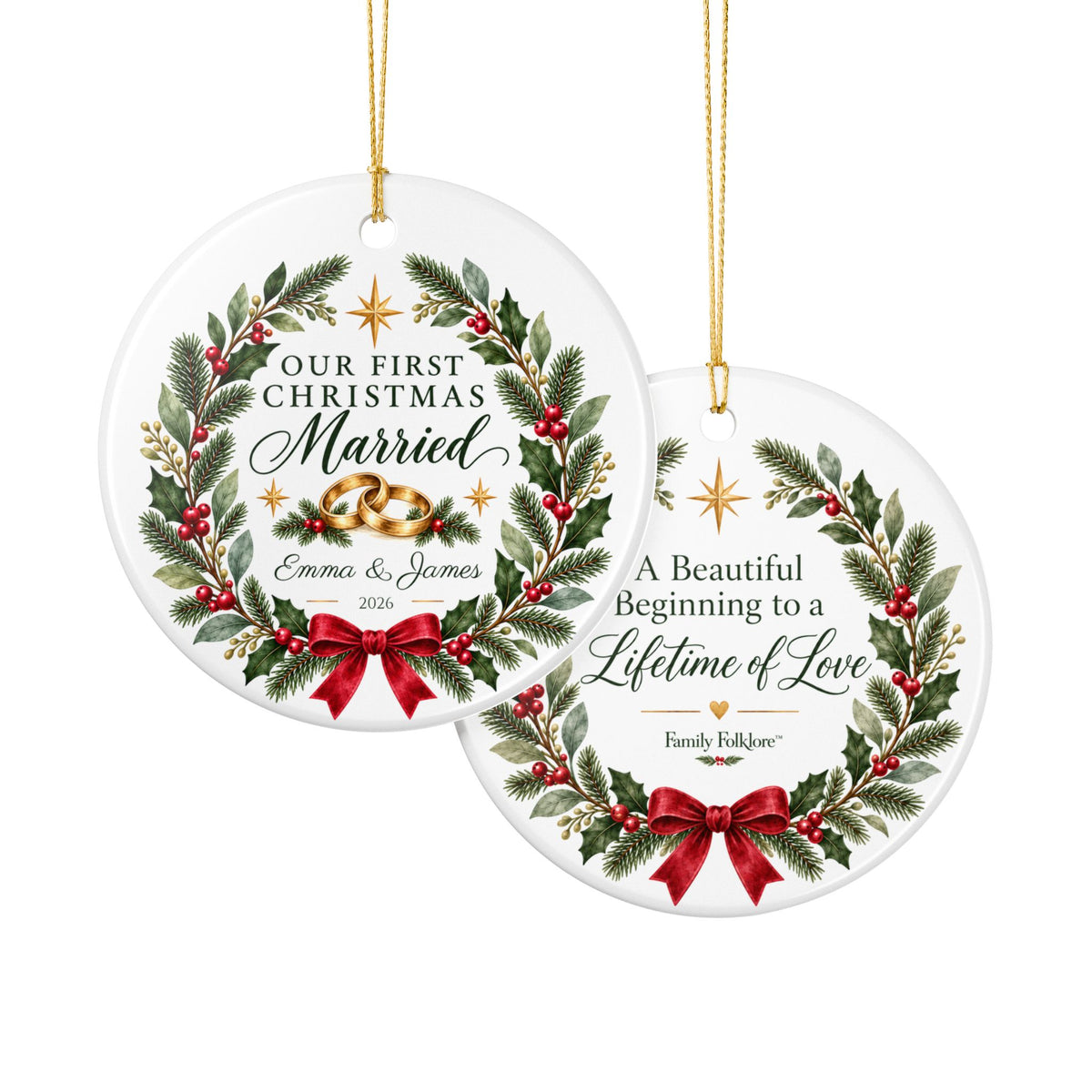 Personalized Our First Christmas Married Ornament — Gold, Silver or Black