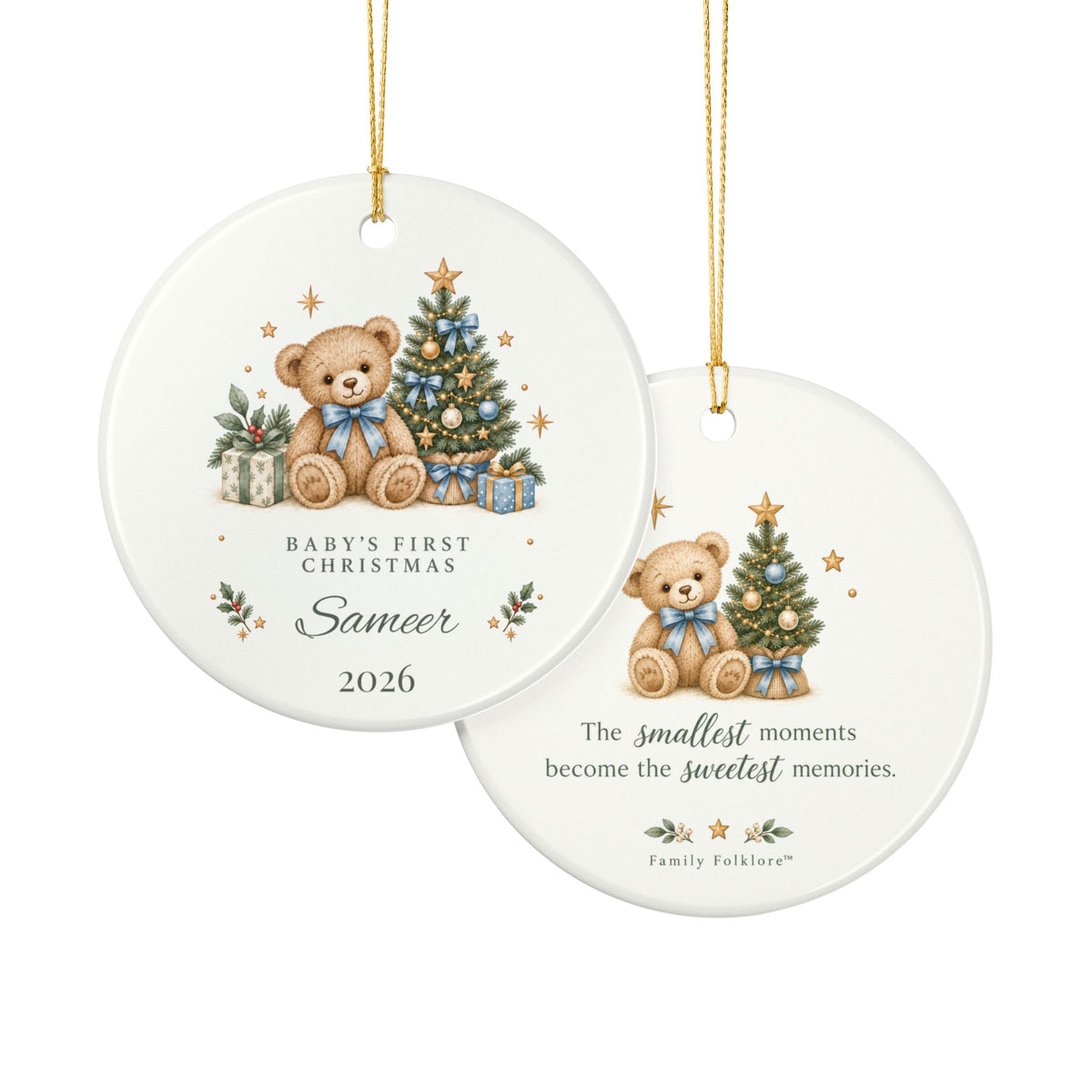 Boy Personalized Baby's First Christmas Ornament, Teddy Bear & Christmas Tree, Custom Name and Year, New Baby Keepsake Gift
