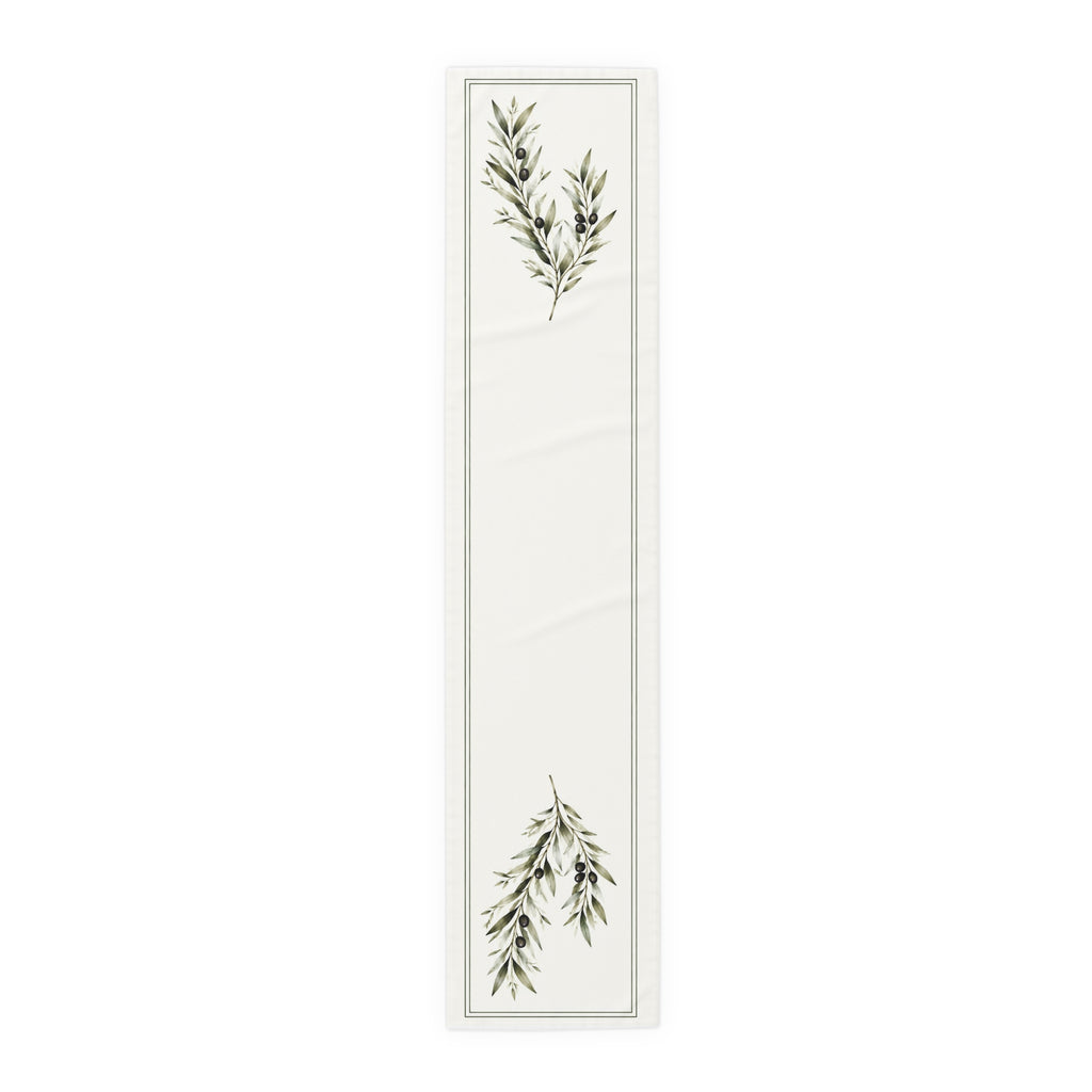 Long ivory table runner with watercolor olive branches, attached smaller offshoots, and dark olives at both ends inside a thin green double border.