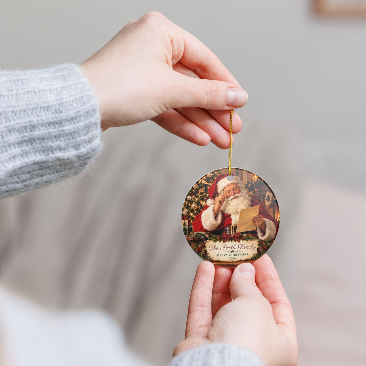 Personalized Family Christmas Ornament, Custom Last Name and Year, Santa Keepsake, Double-Sided Matte Ceramic Ornament