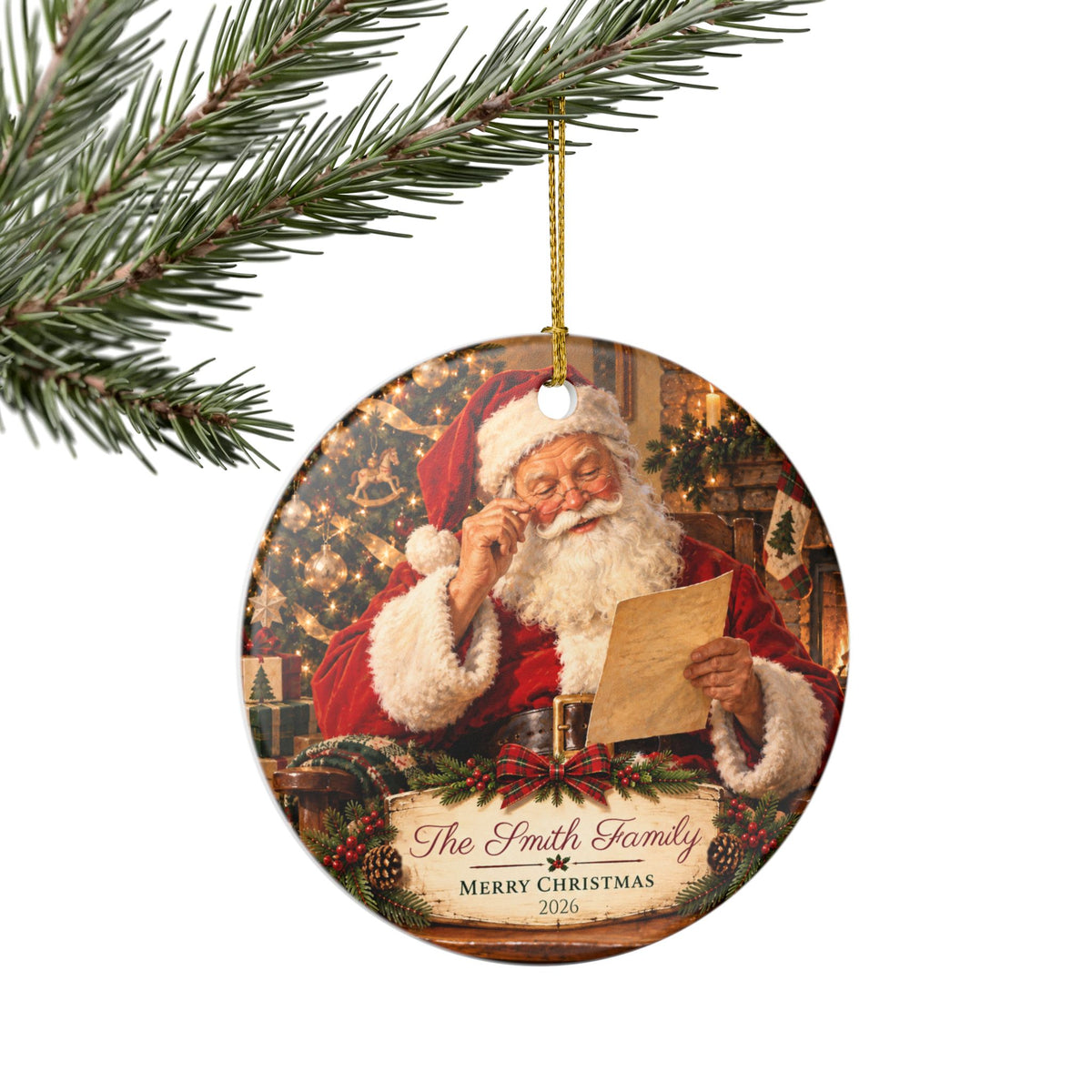 Personalized Family Christmas Ornament, Custom Last Name and Year, Santa Keepsake, Double-Sided Matte Ceramic Ornament