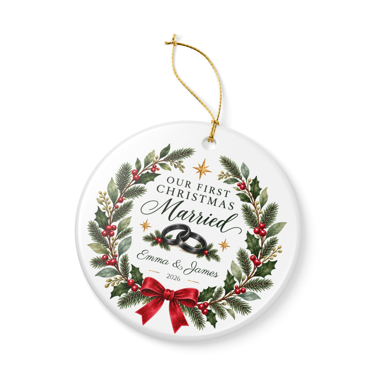 Personalized Our First Christmas Married Ornament, Custom Names & Year, Newlywed Wreath Keepsake, Wedding Gift for Couples