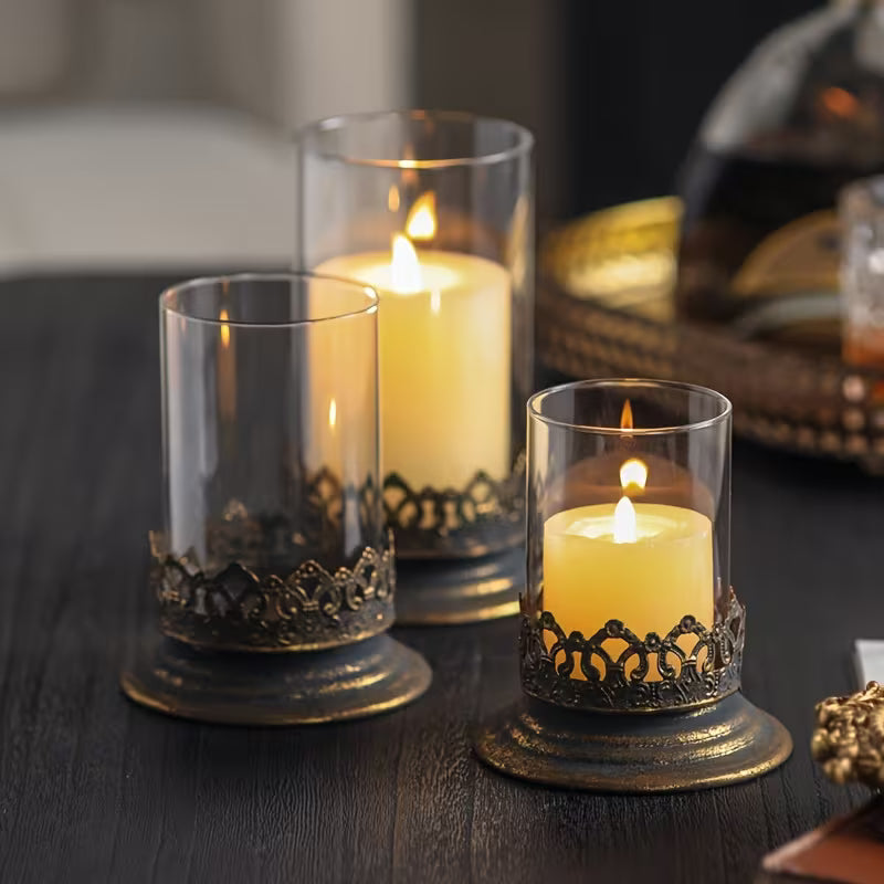 Antique Gold Glass Hurricane Candle Holders — Set of 3