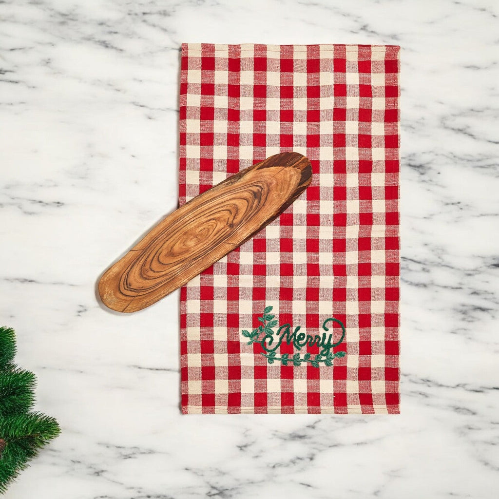 Holiday Acacia Board & Tartan Kitchen Towel Gift Set