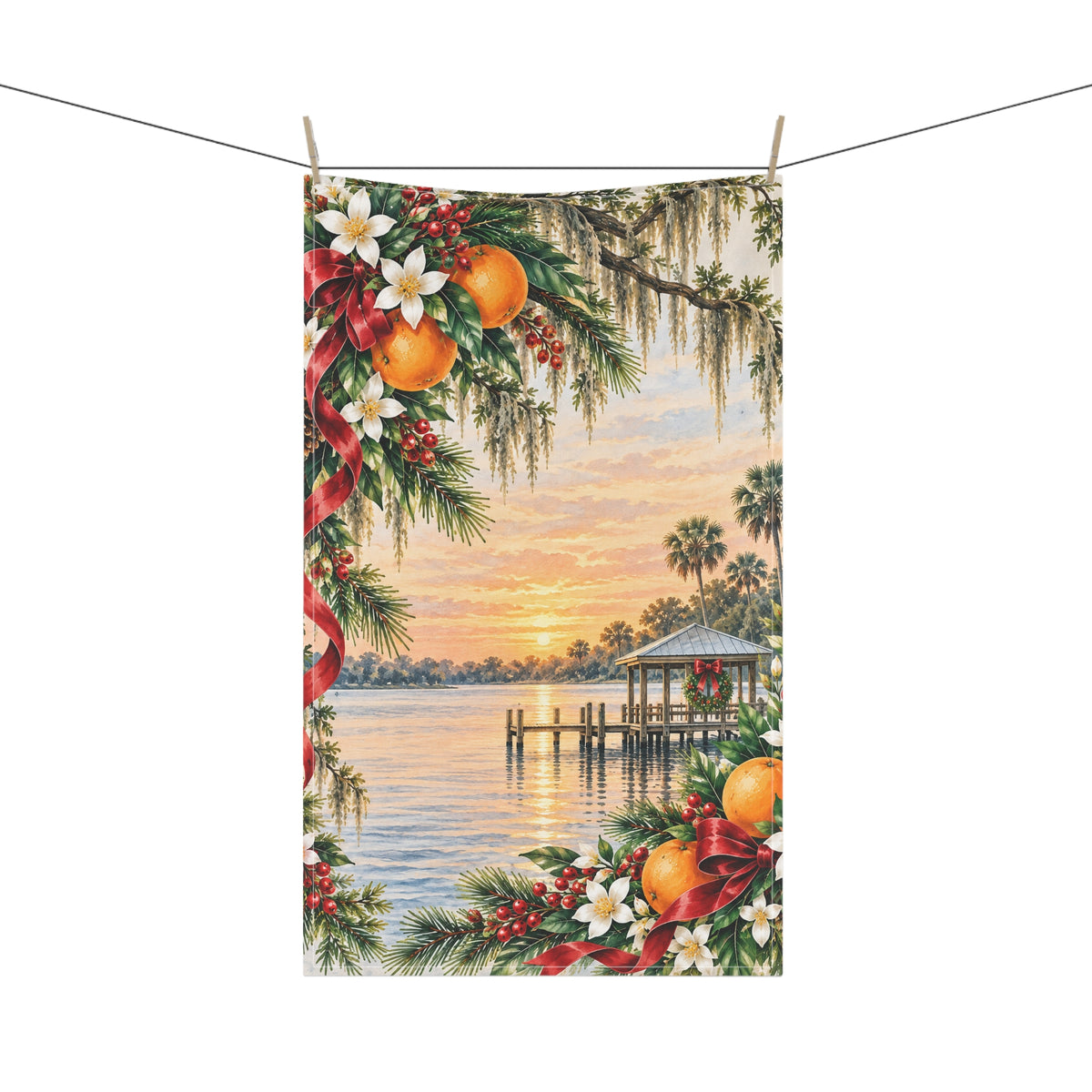 Old Florida Christmas Tea Towel, Vintage Watercolor Citrus & Lakeside Holiday Kitchen Decor