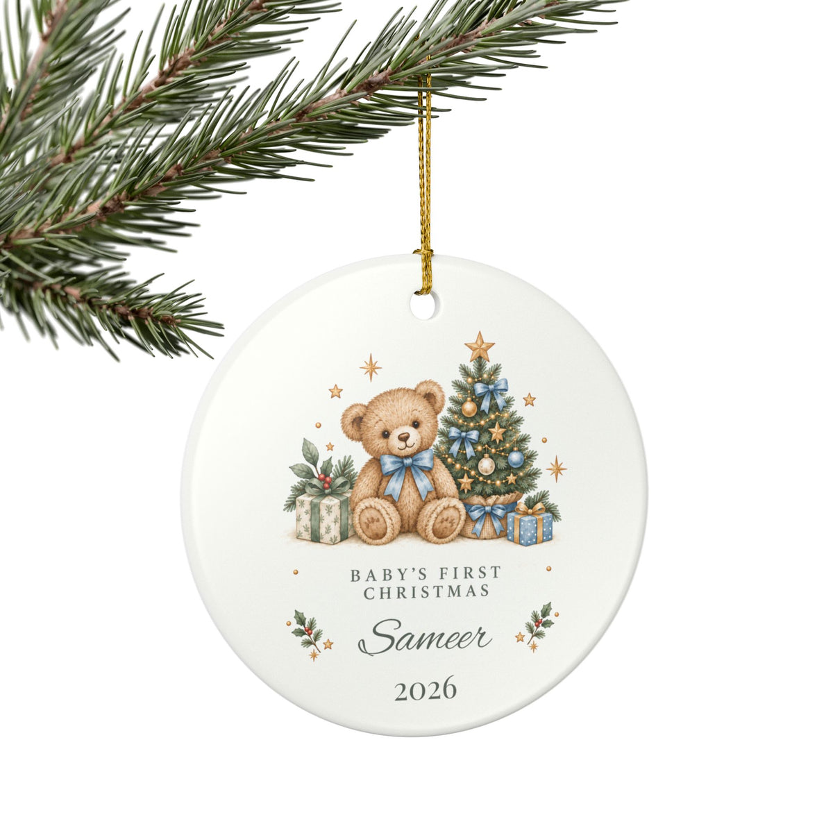 Boy Personalized Baby's First Christmas Ornament, Teddy Bear & Christmas Tree, Custom Name and Year, New Baby Keepsake Gift