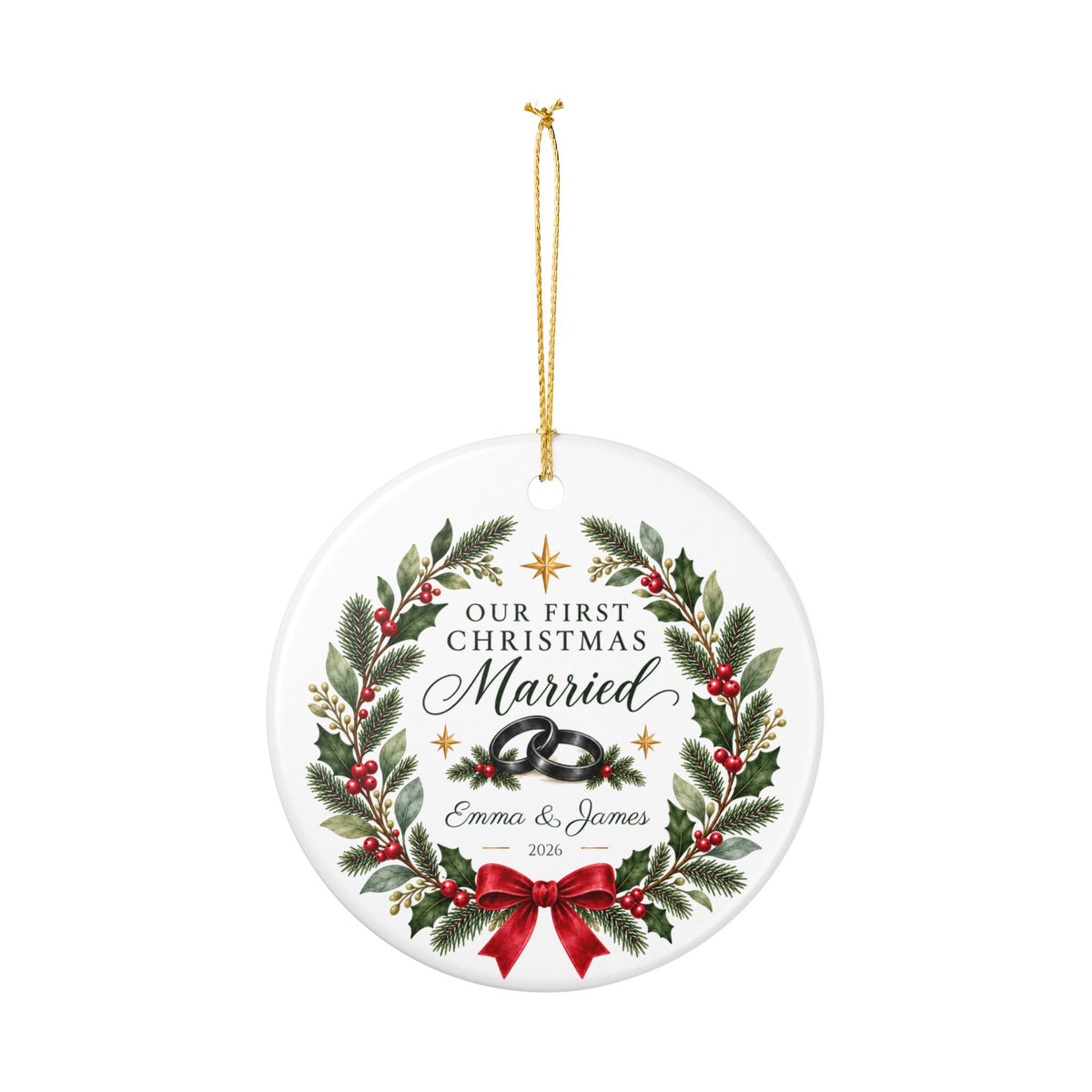 Personalized Our First Christmas Married Ornament, Custom Names & Year, Newlywed Wreath Keepsake, Wedding Gift for Couples