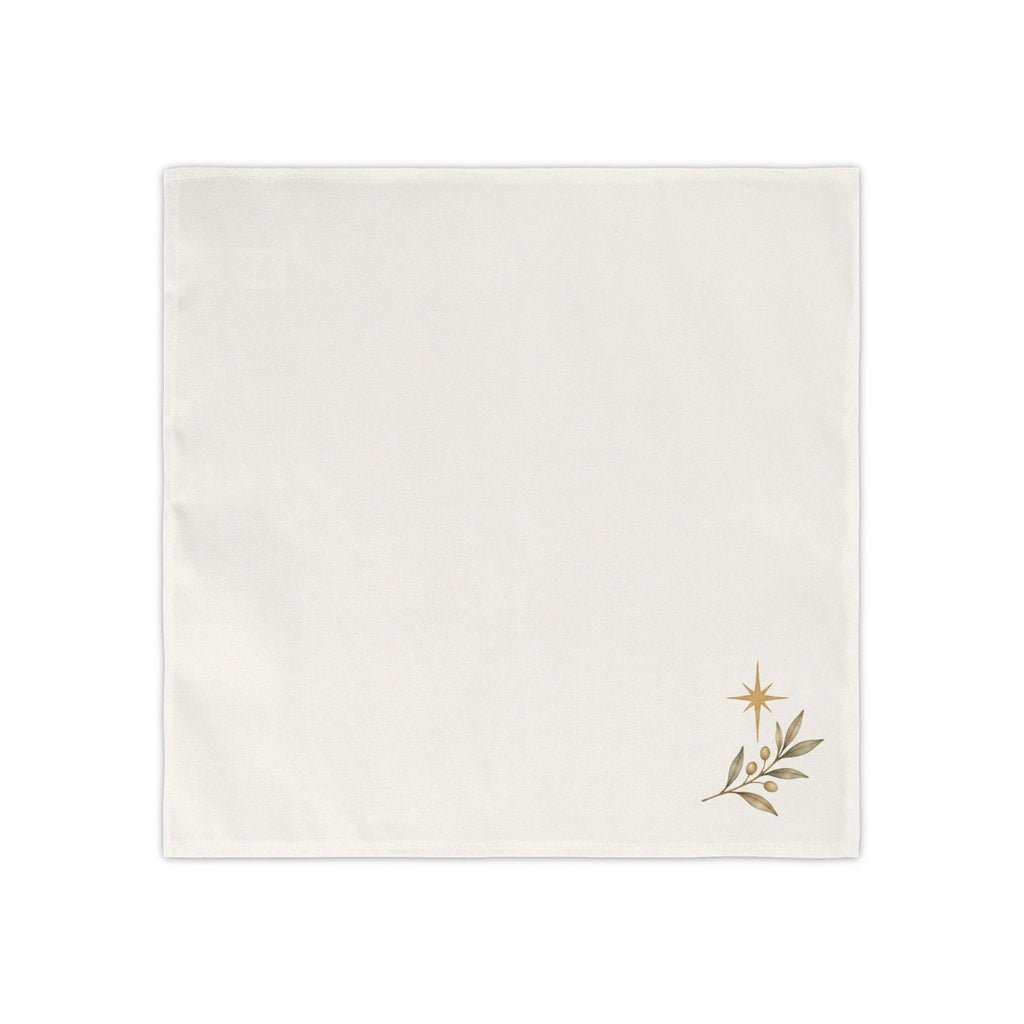 Square ivory napkin design with a muted gold Star of Bethlehem above a neutral watercolor olive sprig in the lower-right corner.