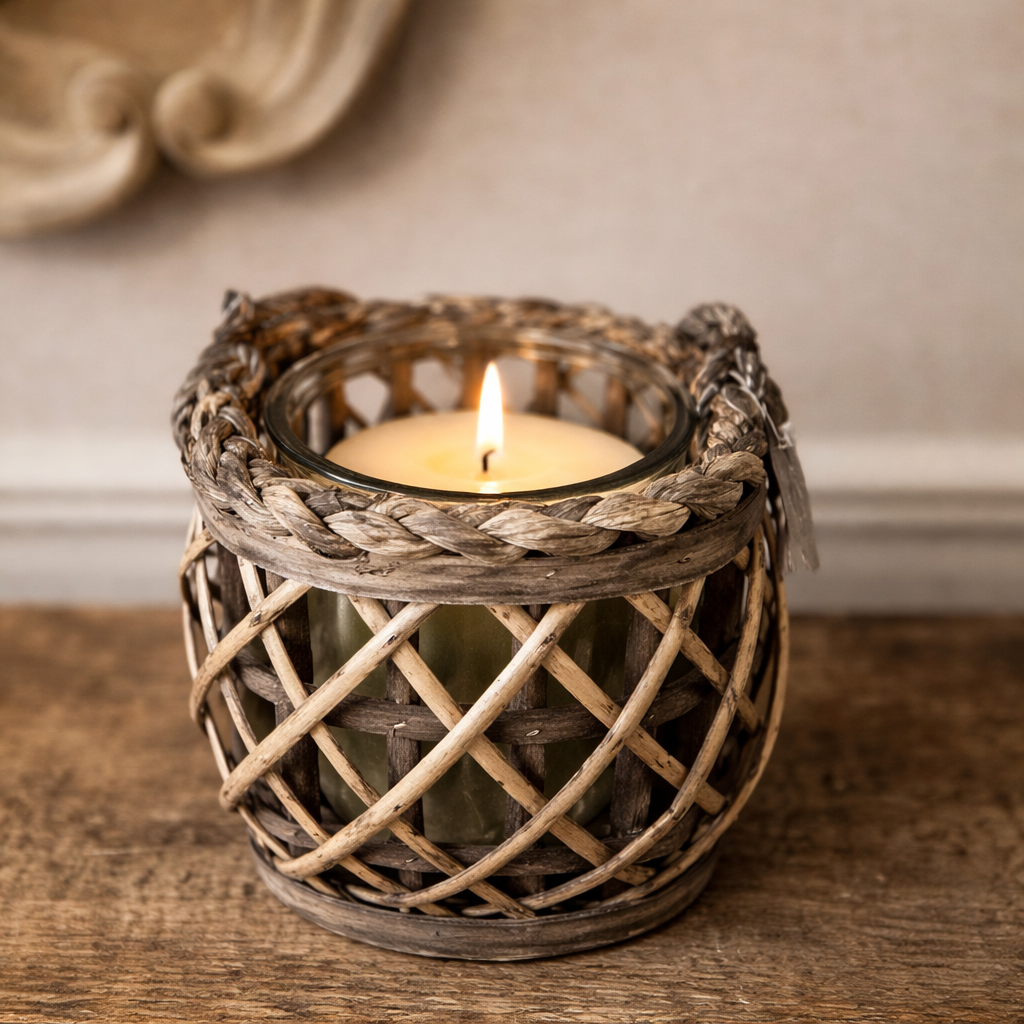 Woven Willow Lantern with Glass Hurricane