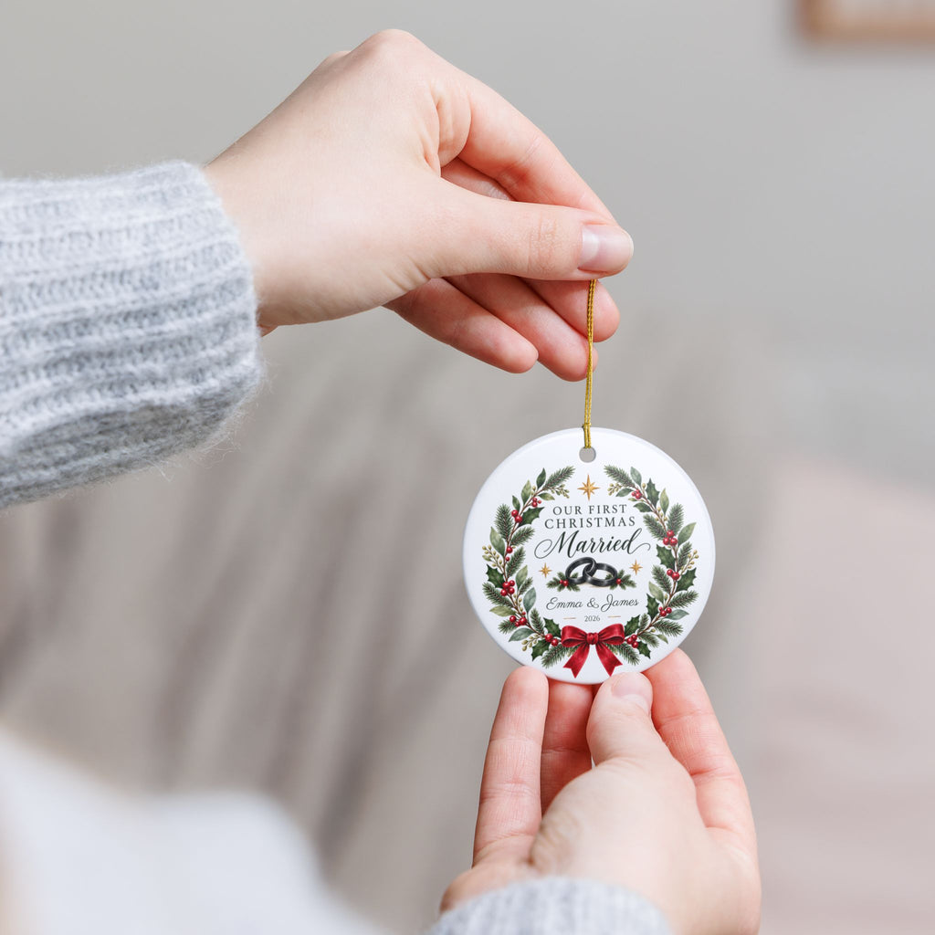 Personalized Our First Christmas Married Ornament, Custom Names & Year, Newlywed Wreath Keepsake, Wedding Gift for Couples