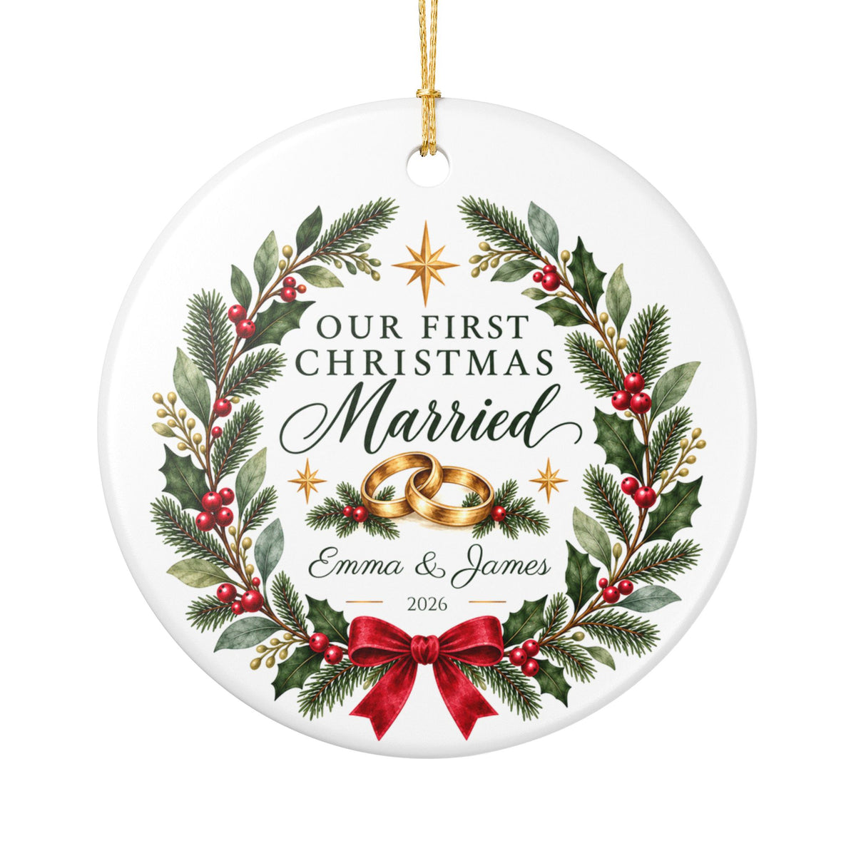 Personalized Our First Christmas Married Ornament — Gold, Silver or Black