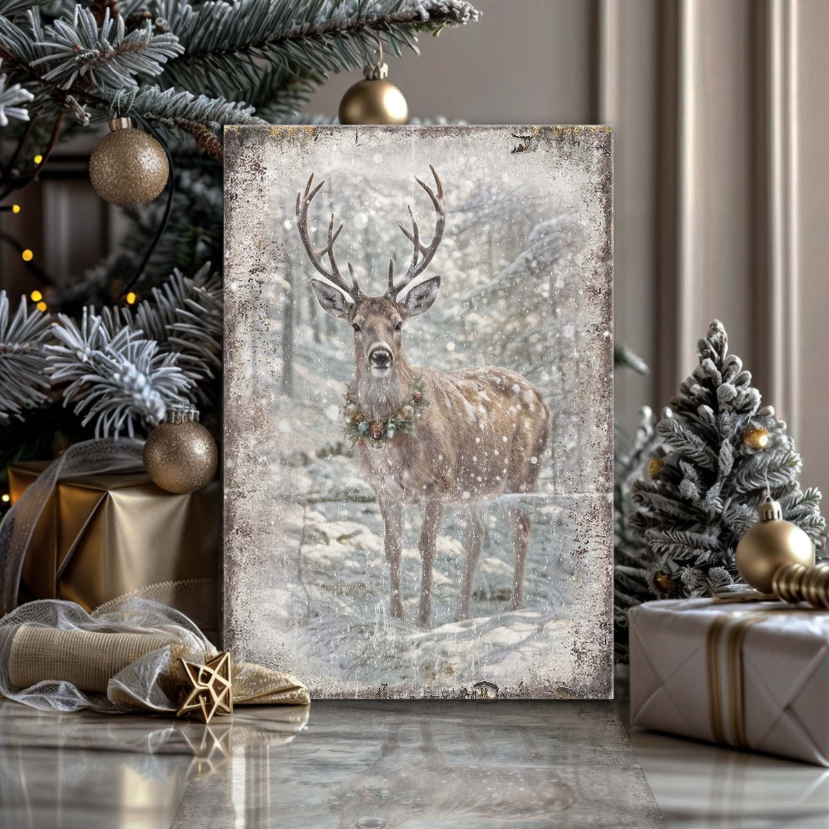 Vintage Winter Deer Christmas Canvas Wall Art