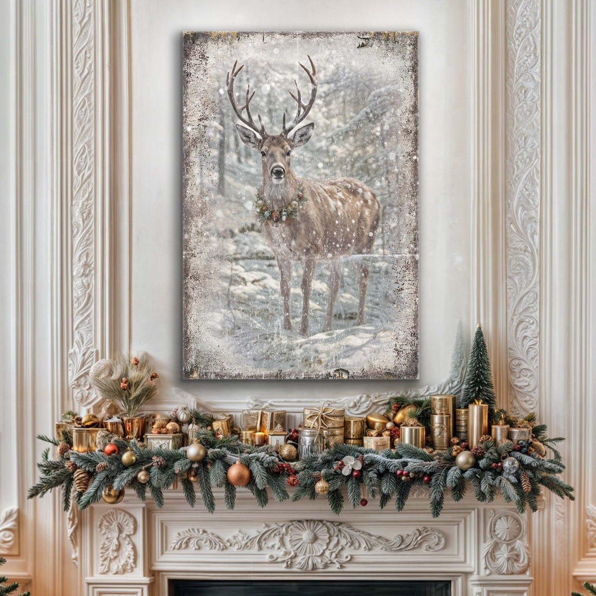 Vintage Winter Deer Christmas Canvas Wall Art