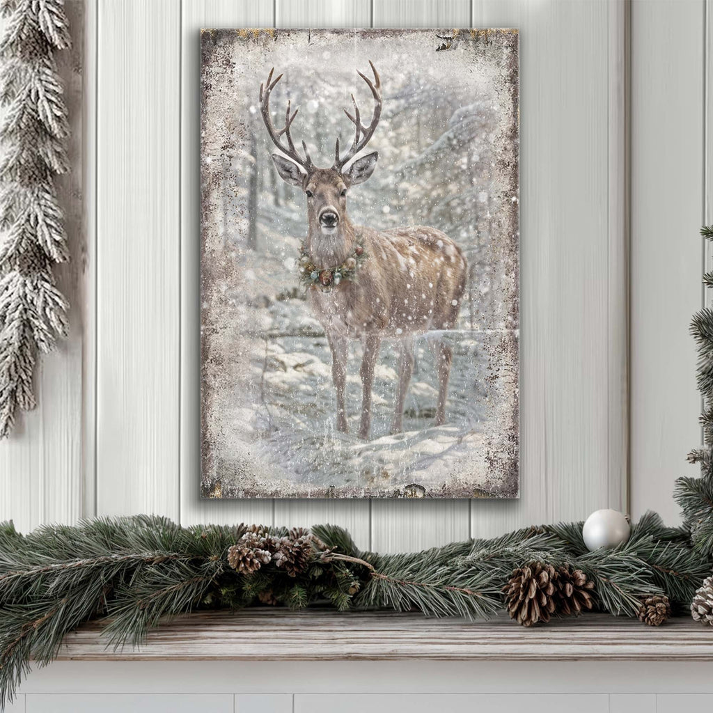 Vintage Winter Deer Christmas Canvas Wall Art