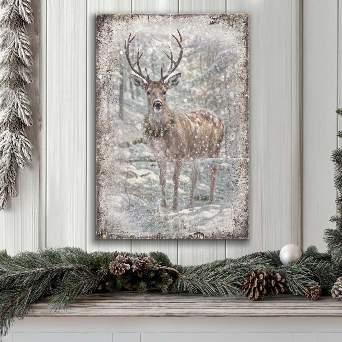 Vintage Winter Deer Christmas Canvas Wall Art