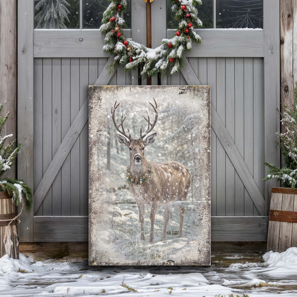 Vintage Winter Deer Christmas Canvas Wall Art