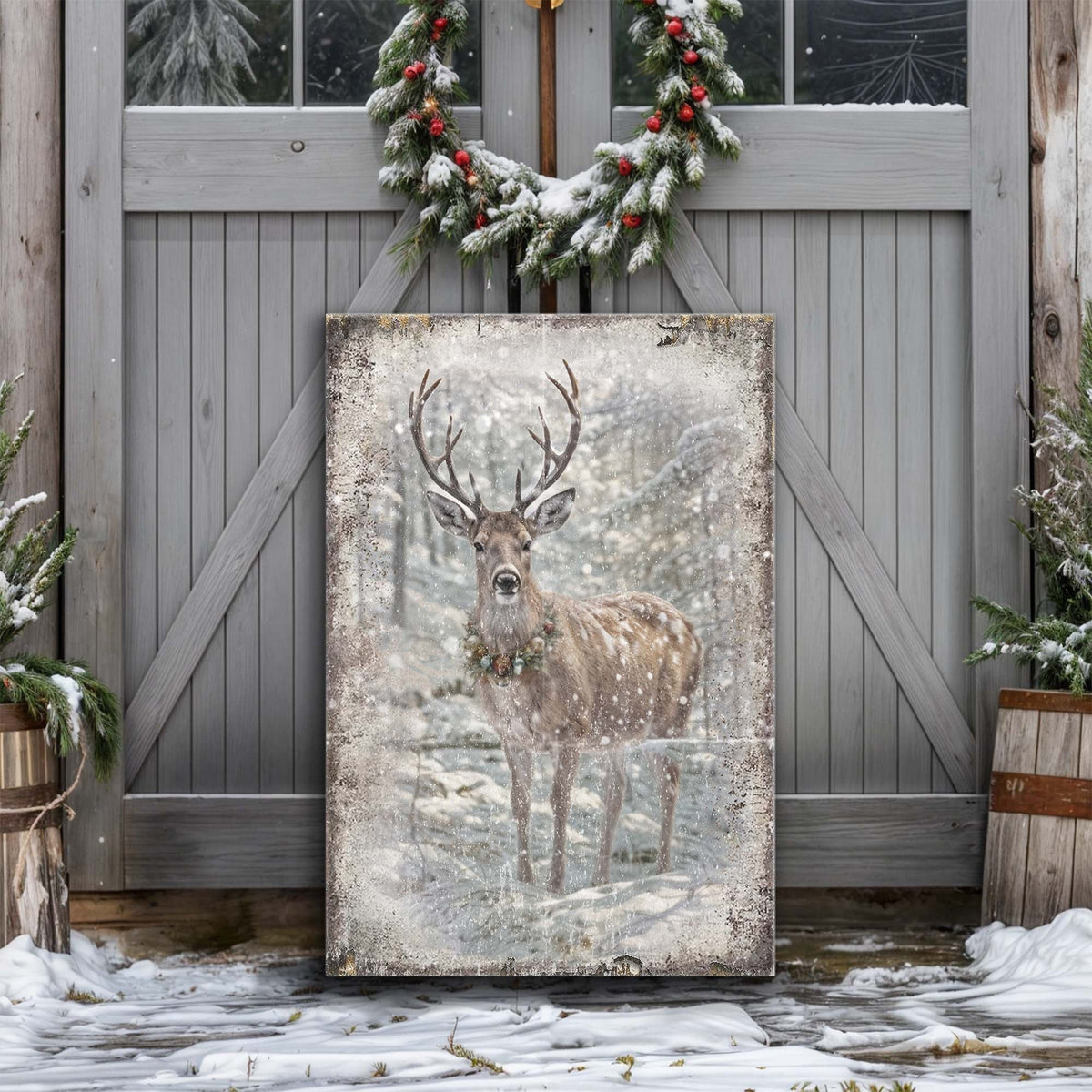 Vintage Winter Deer Christmas Canvas Wall Art