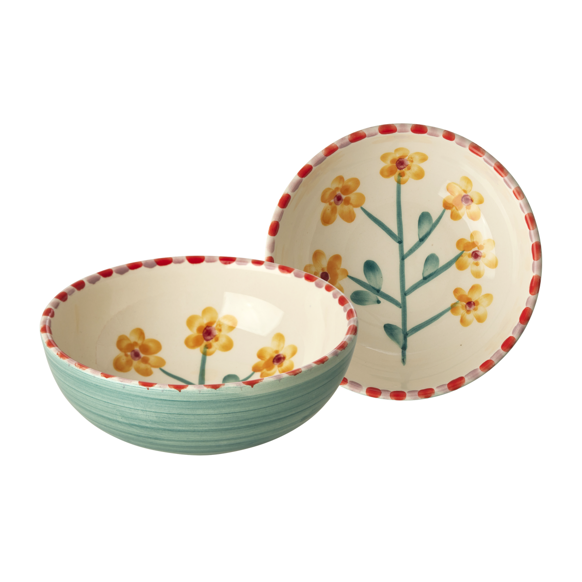 Hand-Painted Jade & Yellow Floral Ceramic Bowl — 11.8 oz