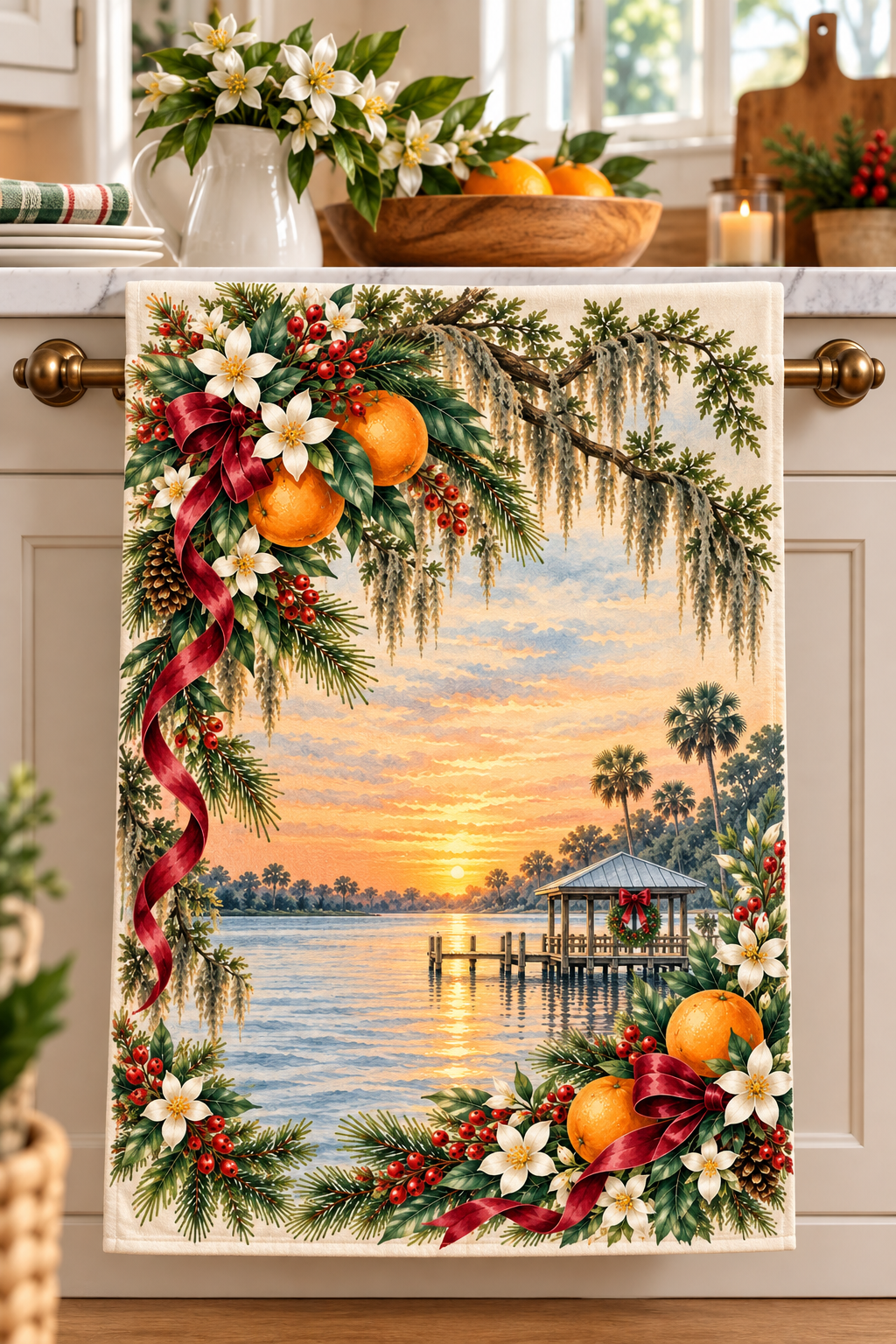 Old Florida Christmas Tea Towel, Vintage Watercolor Citrus & Lakeside Holiday Kitchen Decor