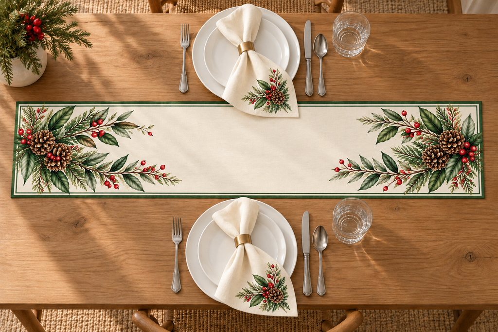 Christmas Evergreen Botanical Table Runner, Elegant Holiday Table Décor by Family Folklore™