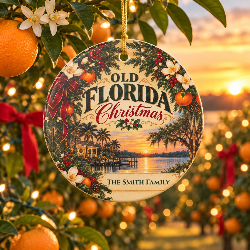 Personalized Old Florida Christmas Ornament, Custom Family Name or Year, Florida Christmas Keepsake, Palm Tree Coastal Gift