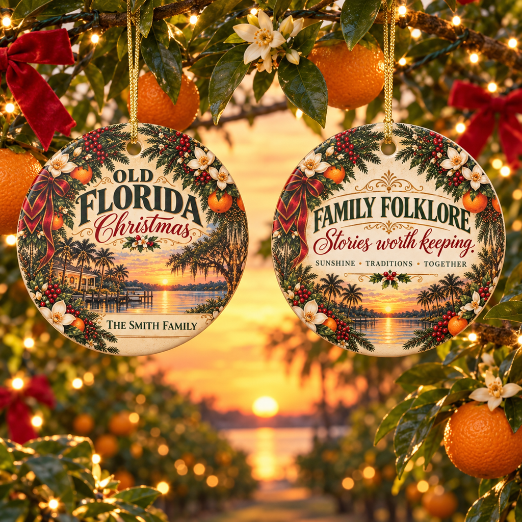 Personalized Old Florida Christmas Ornament, Custom Family Name or Year, Florida Christmas Keepsake, Palm Tree Coastal Gift