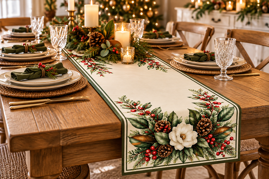 Christmas Magnolia table runner with white magnolias, pinecones and red berries on a farmhouse dining table set for the holidays