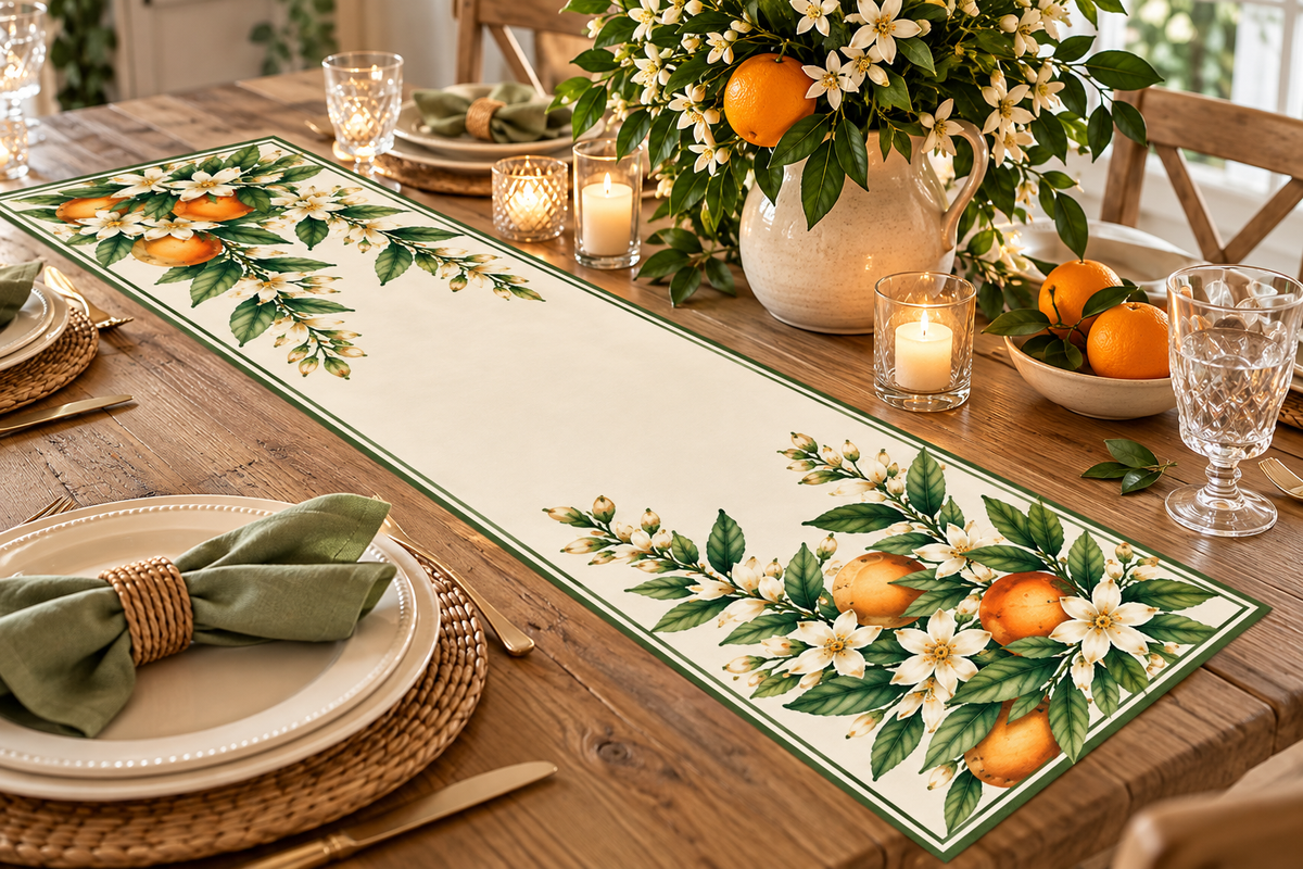 Florida Orange Blossom table runner with watercolor oranges and white blossoms on a farmhouse dining table with fresh oranges