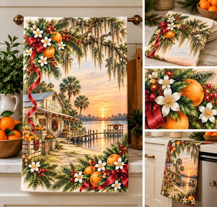 Old Florida Christmas Tea Towel, Vintage Citrus Packing House Watercolor Kitchen Towel, Florida Holiday Decor
